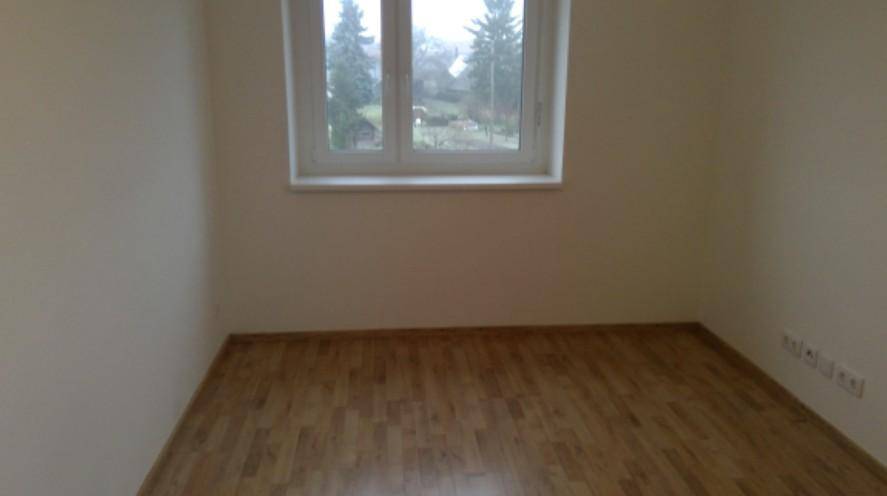 Heller, unmöblierter Raum mit Laminatboden und einem Fenster mit Blick ins Grüne.