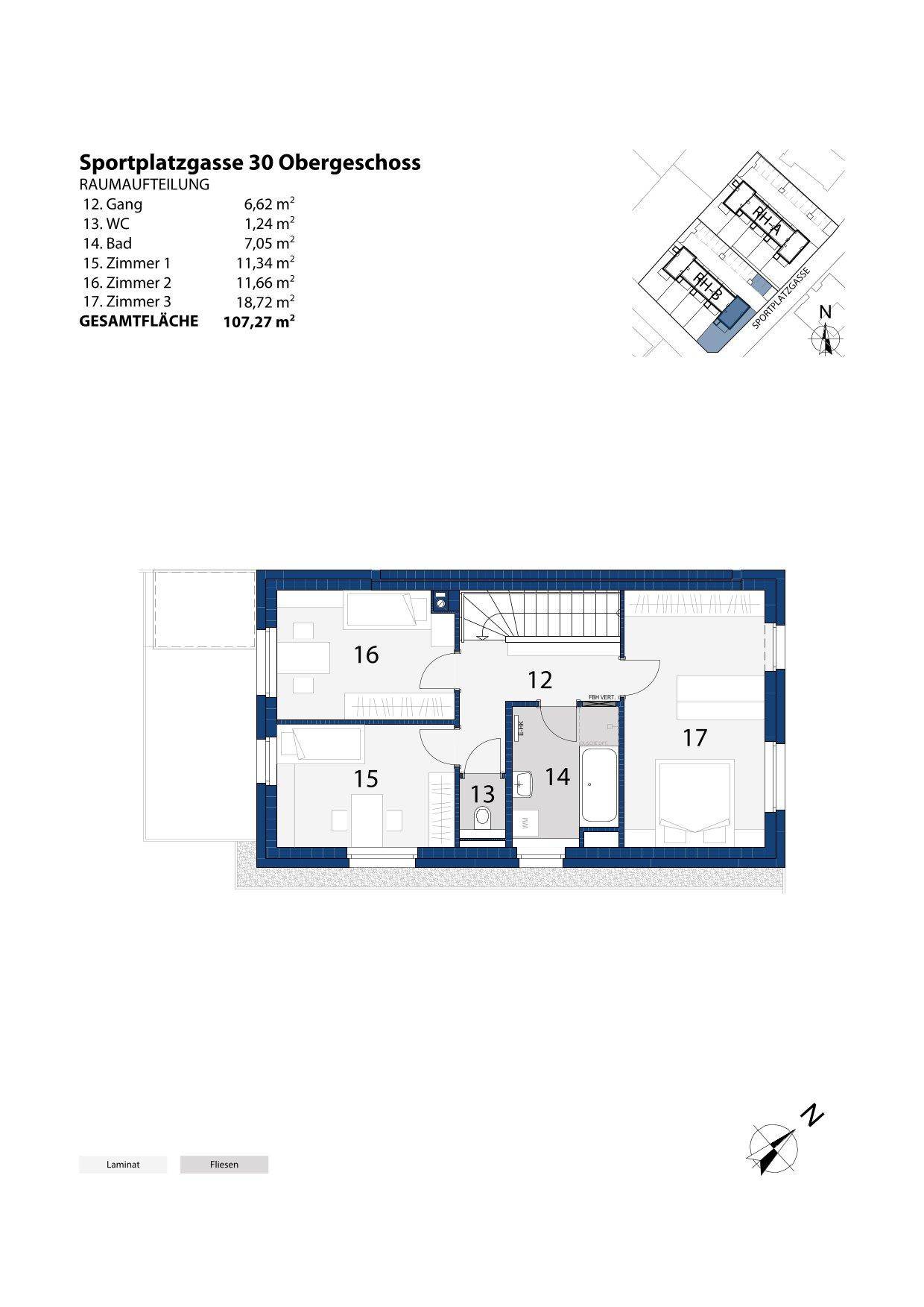Grundriss des Obergeschosses mit drei Schlafzimmern, einem Badezimmer und separatem WC.
