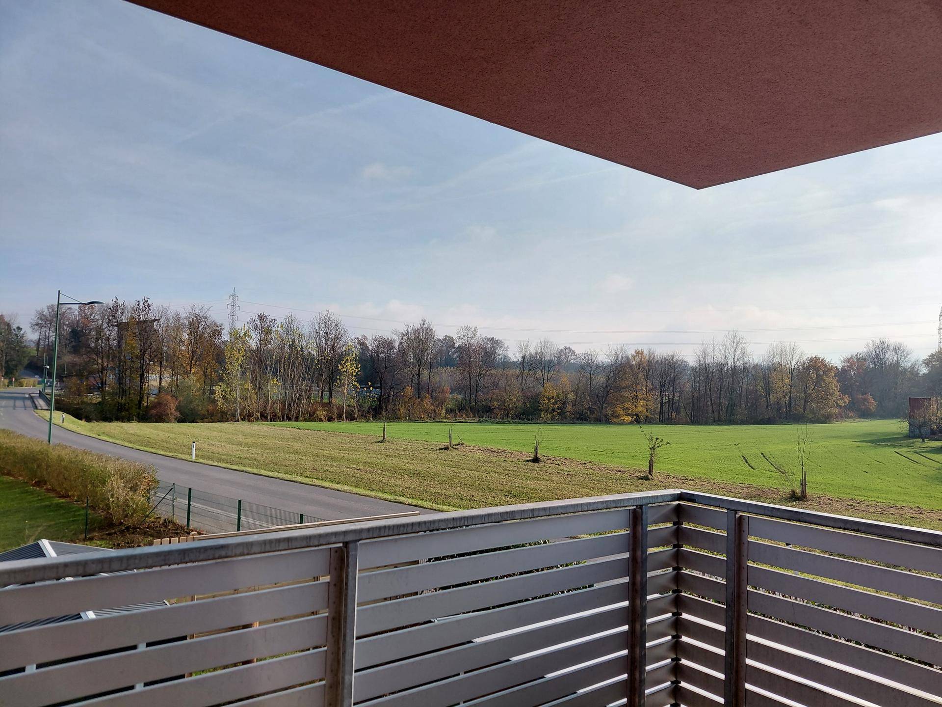 Weitläufiger Blick vom Balkon über grüne Felder und eine Straße, umgeben von Bäumen.