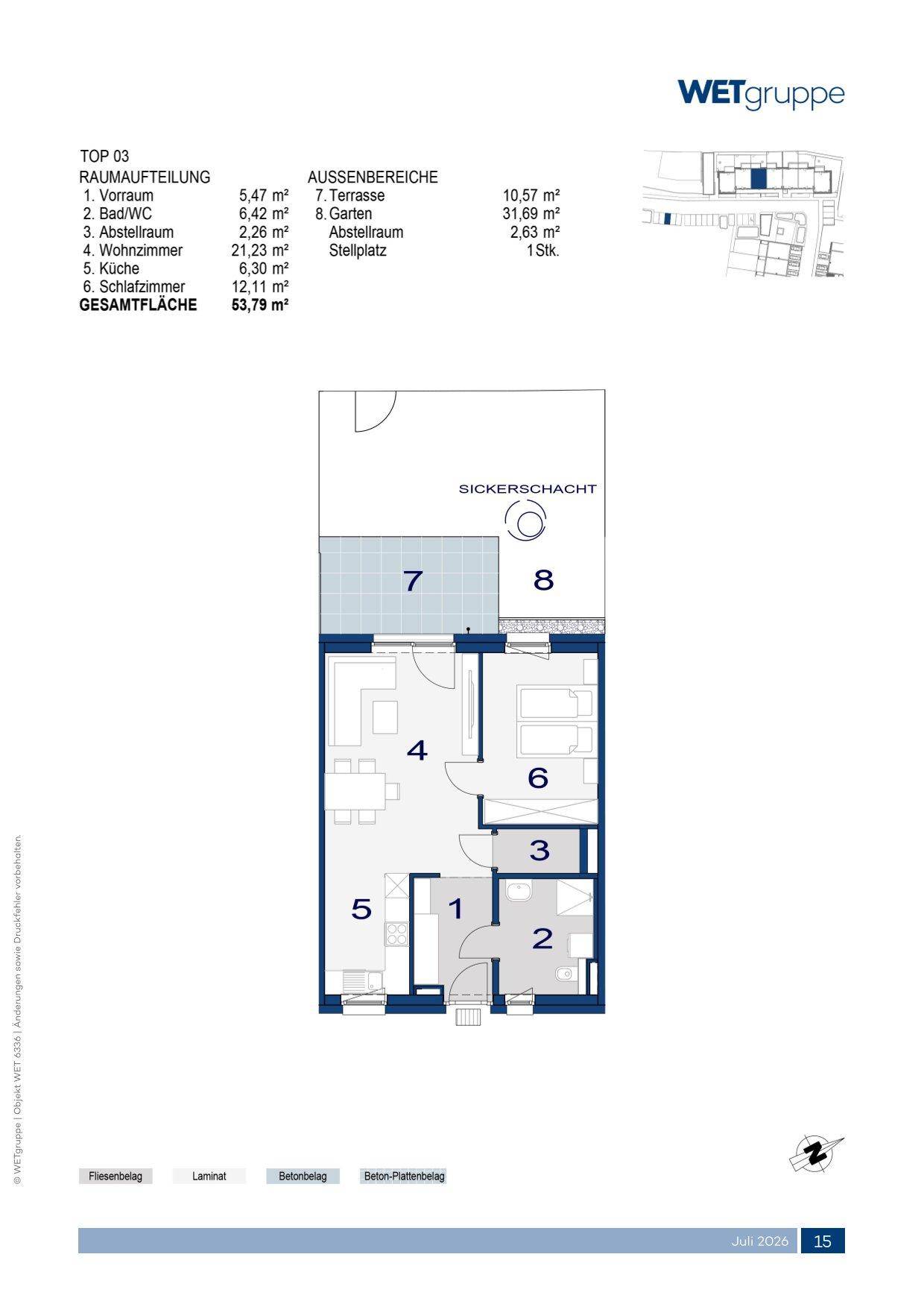 Grundriss der Einheit TOP 03 mit offener Wohnküche, Schlafzimmer, Bad, WC, Terrasse und Garten.