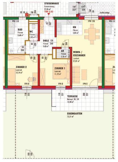 Grundriss einer Wohnung mit offenem Wohn-Essbereich, zwei Schlafzimmern, Bad, separatem WC, Terrasse und Garten.