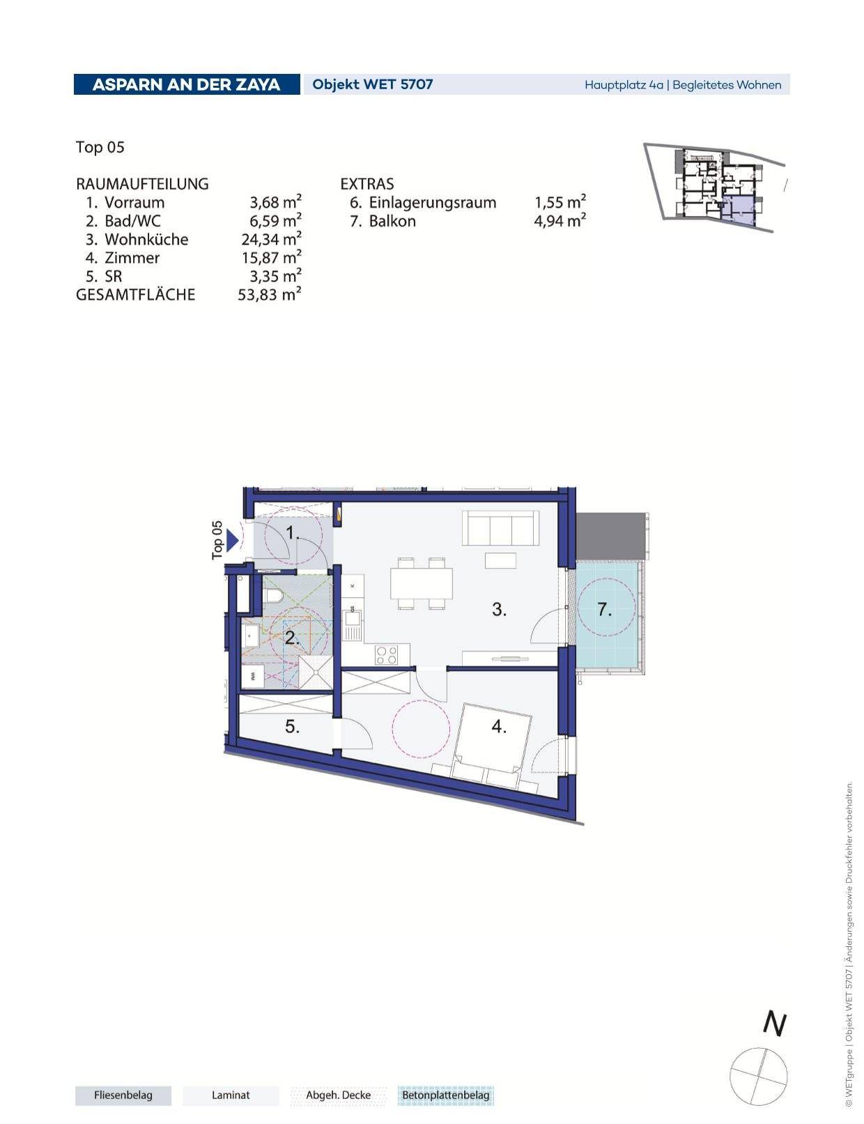 Grundriss der Wohnung Top 05 mit Raumaufteilung, Balkon und Einlagerungsraum.