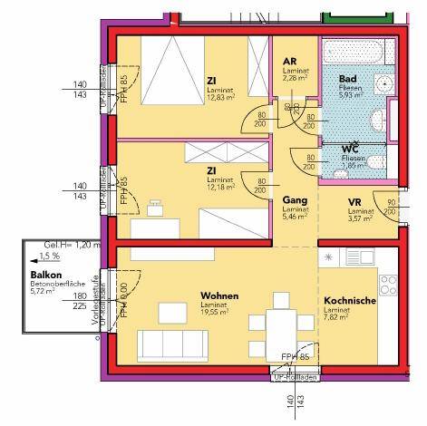 Grundriss einer Wohnung mit offenem Wohnbereich, separater Kochnische, zwei Zimmern, Bad, Gäste-WC und Balkon.