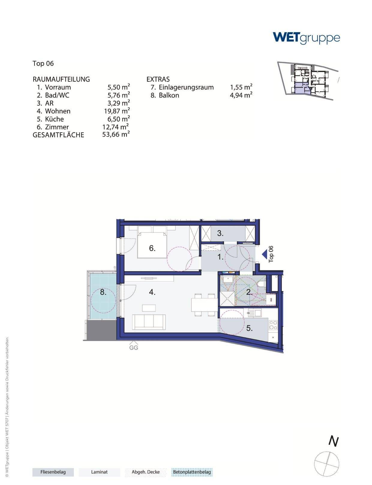 Grundriss der Wohnung Top 06 mit Raumaufteilung, Balkon und Einlagerungsraum.