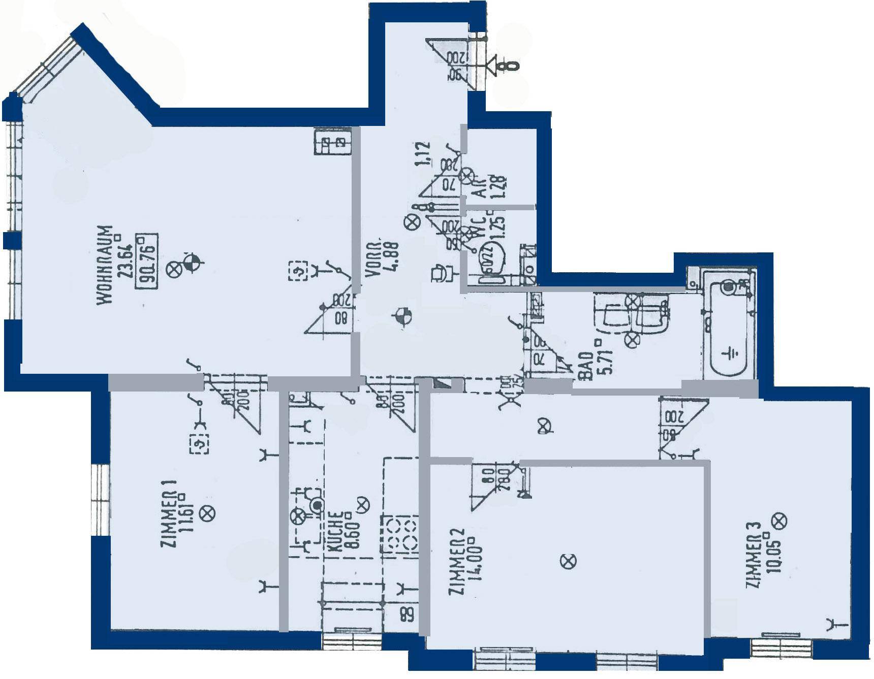 Detaillierter Grundriss einer Wohnung mit Wohnzimmer, Küche, drei weiteren Zimmern, Bad und separatem WC.