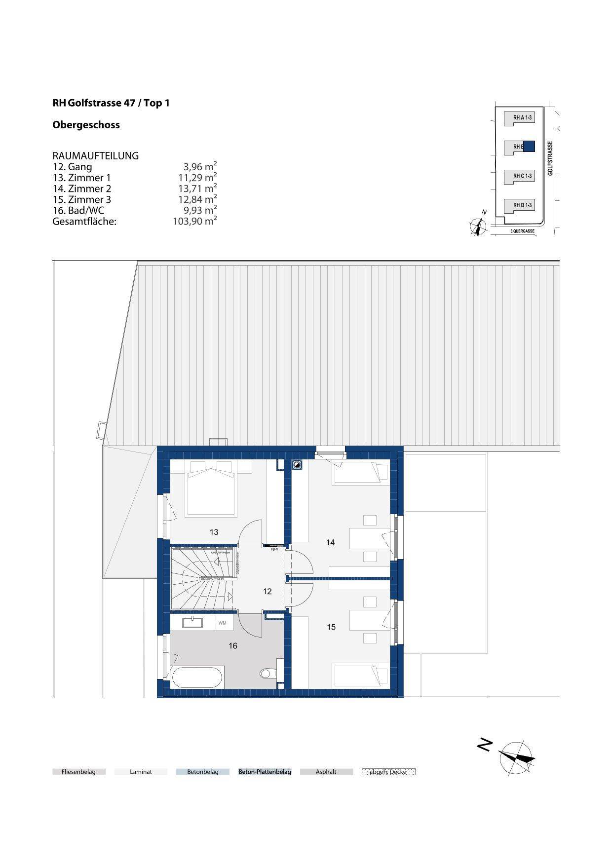 Grundriss des Obergeschosses mit drei Schlafzimmern, einem Badezimmer und separatem WC.