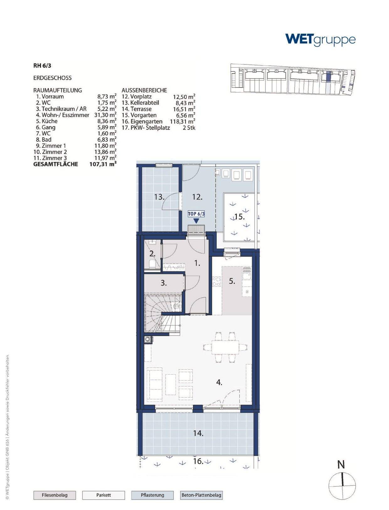Grundriss des Erdgeschosses mit offenem Wohnbereich, Terrasse und Garten.