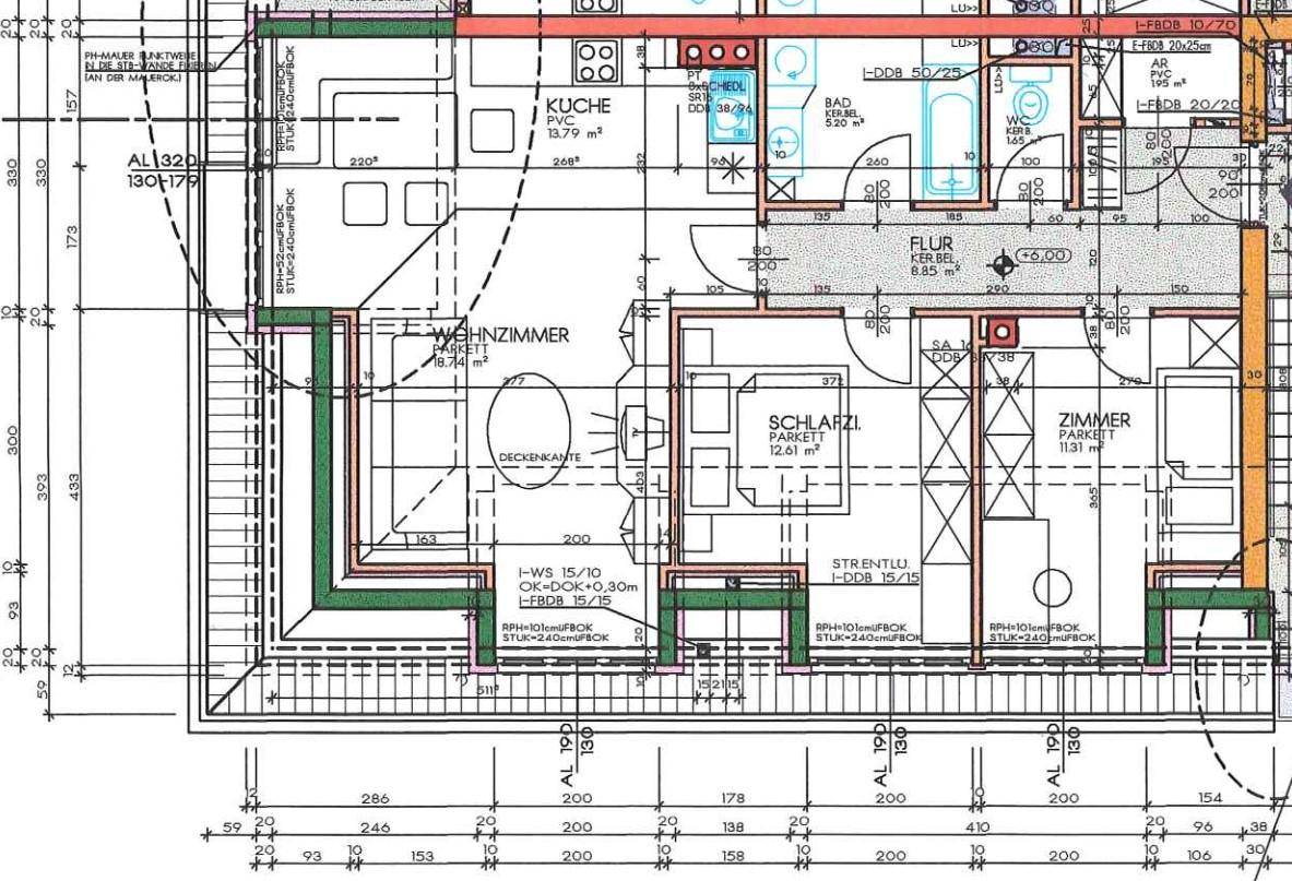 Detaillierter Grundriss einer Wohnung mit offenem Wohnbereich, Küche, Bad und zwei Schlafzimmern sowie Balkon.