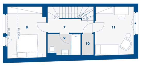 Detaillierter Grundriss des Obergeschosses mit Schlafzimmer, Bad und Dachschrägen.