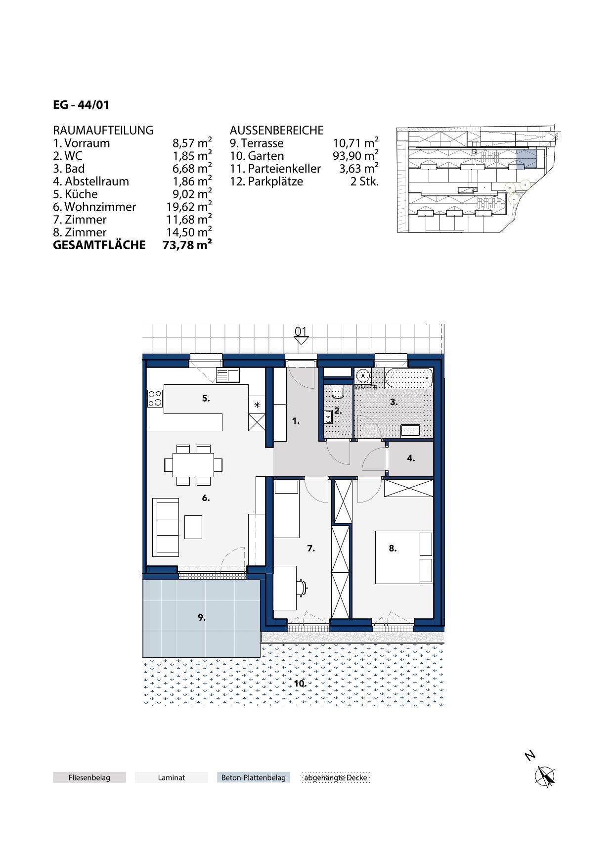 Grundriss einer Erdgeschosswohnung mit Wohnzimmer, Küche, zwei Schlafzimmern, Bad, separatem WC, Terrasse und Garten.
