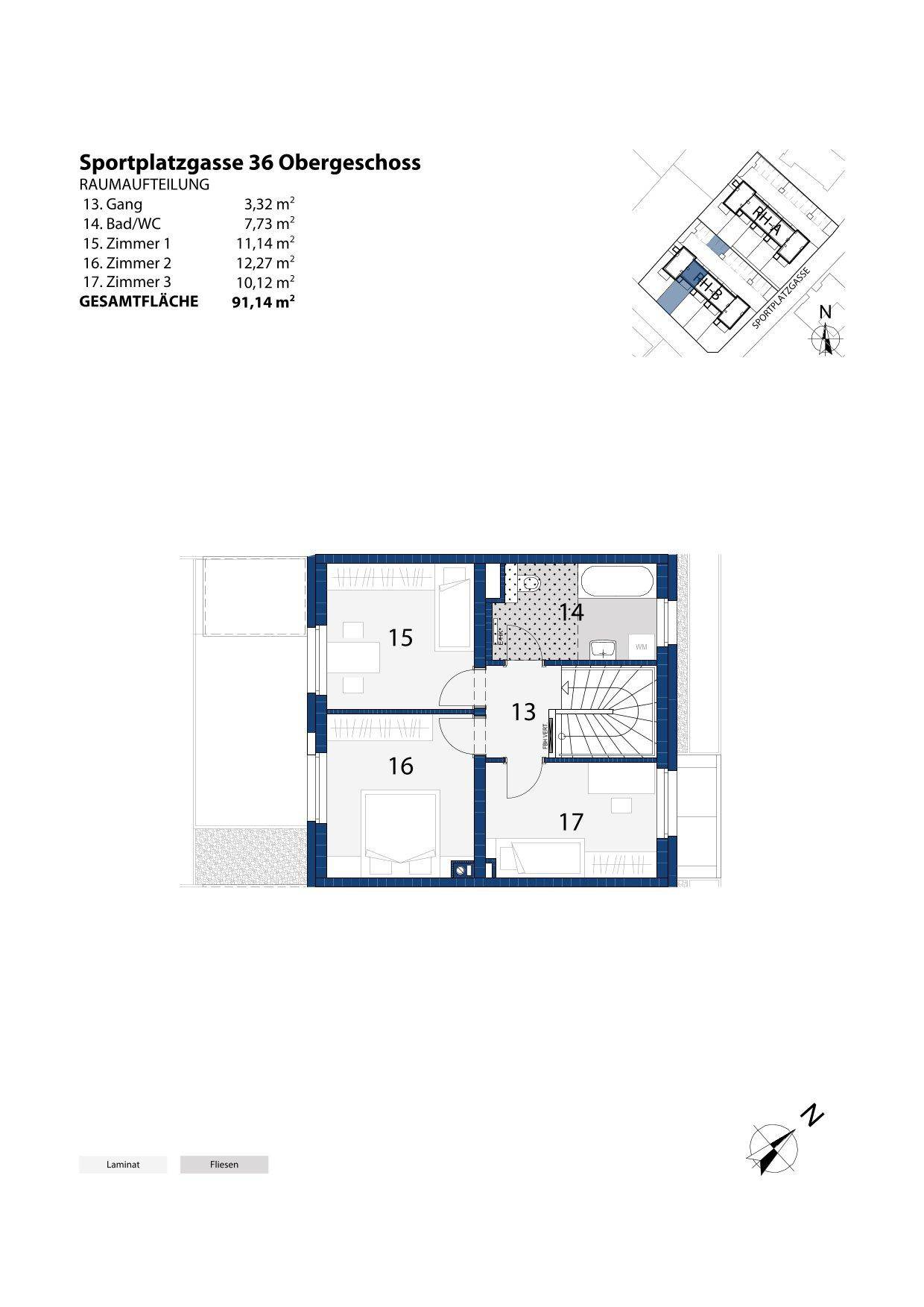 Grundriss des Obergeschosses mit drei Schlafzimmern, einem Badezimmer und Treppenaufgang.