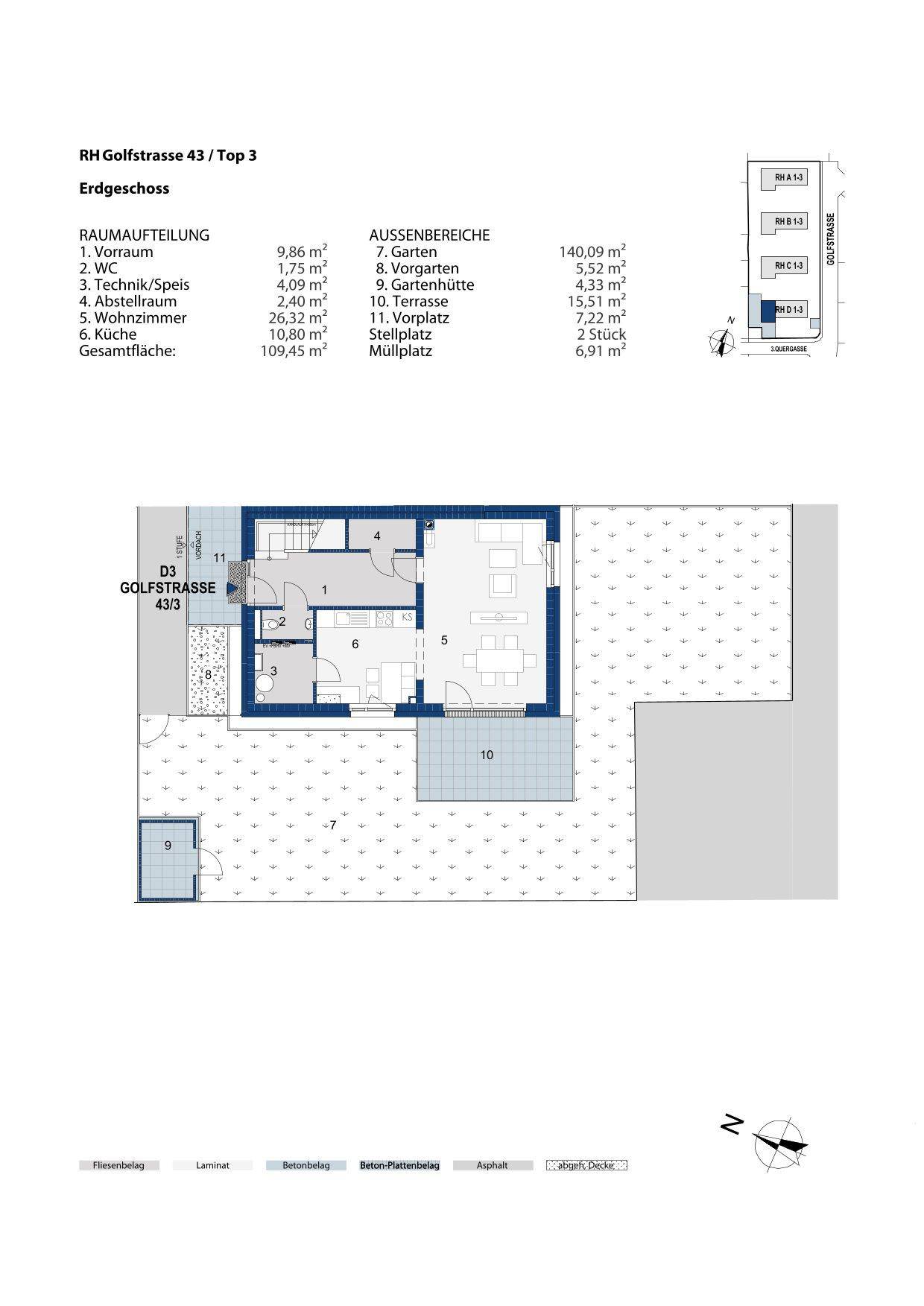 Grundriss des Erdgeschosses mit Wohnzimmer, Küche, Terrasse und Gartenbereich.