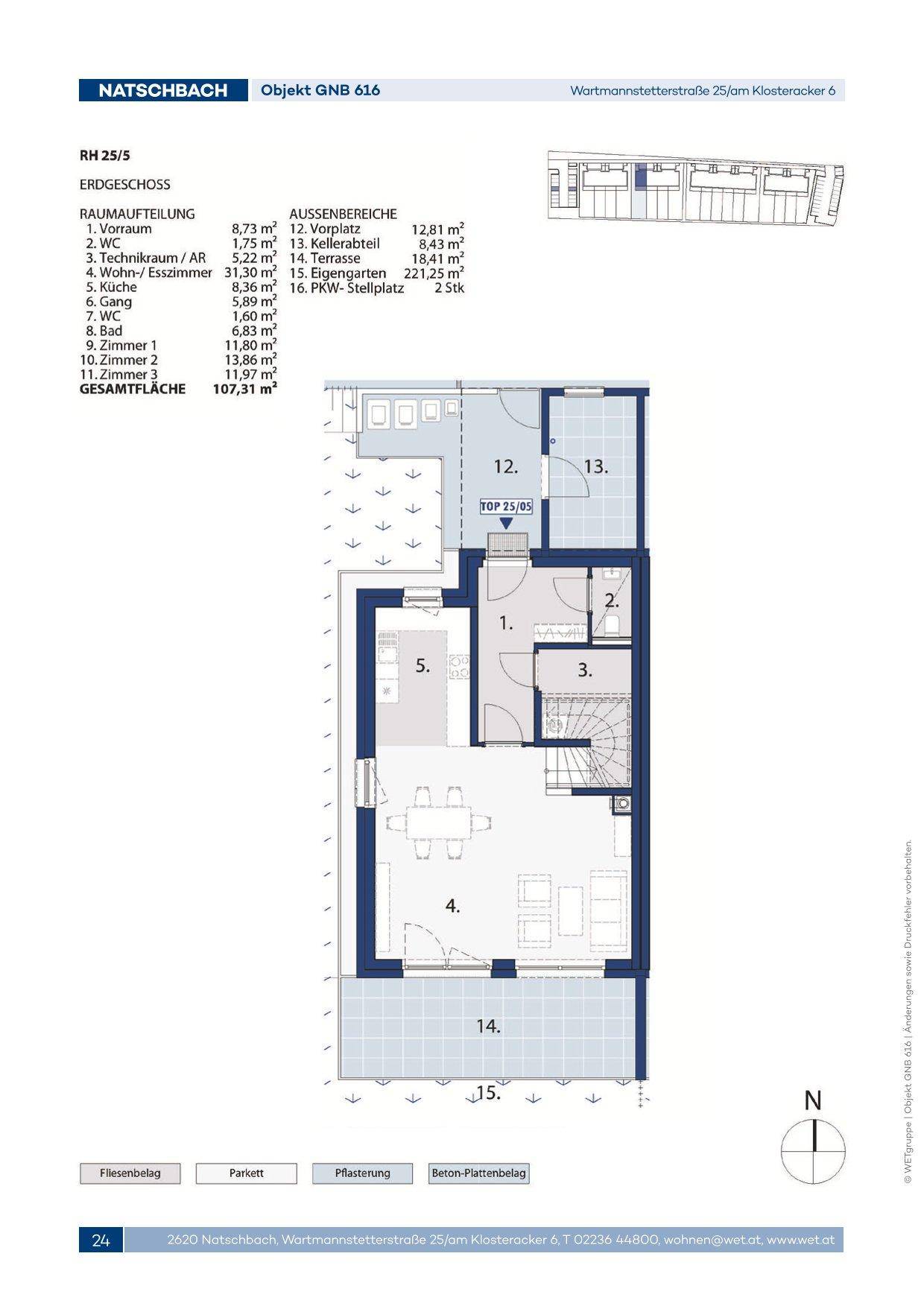 Grundriss des Erdgeschosses mit offenem Wohn-Essbereich, Küche und direktem Zugang zur Terrasse und zum Garten.