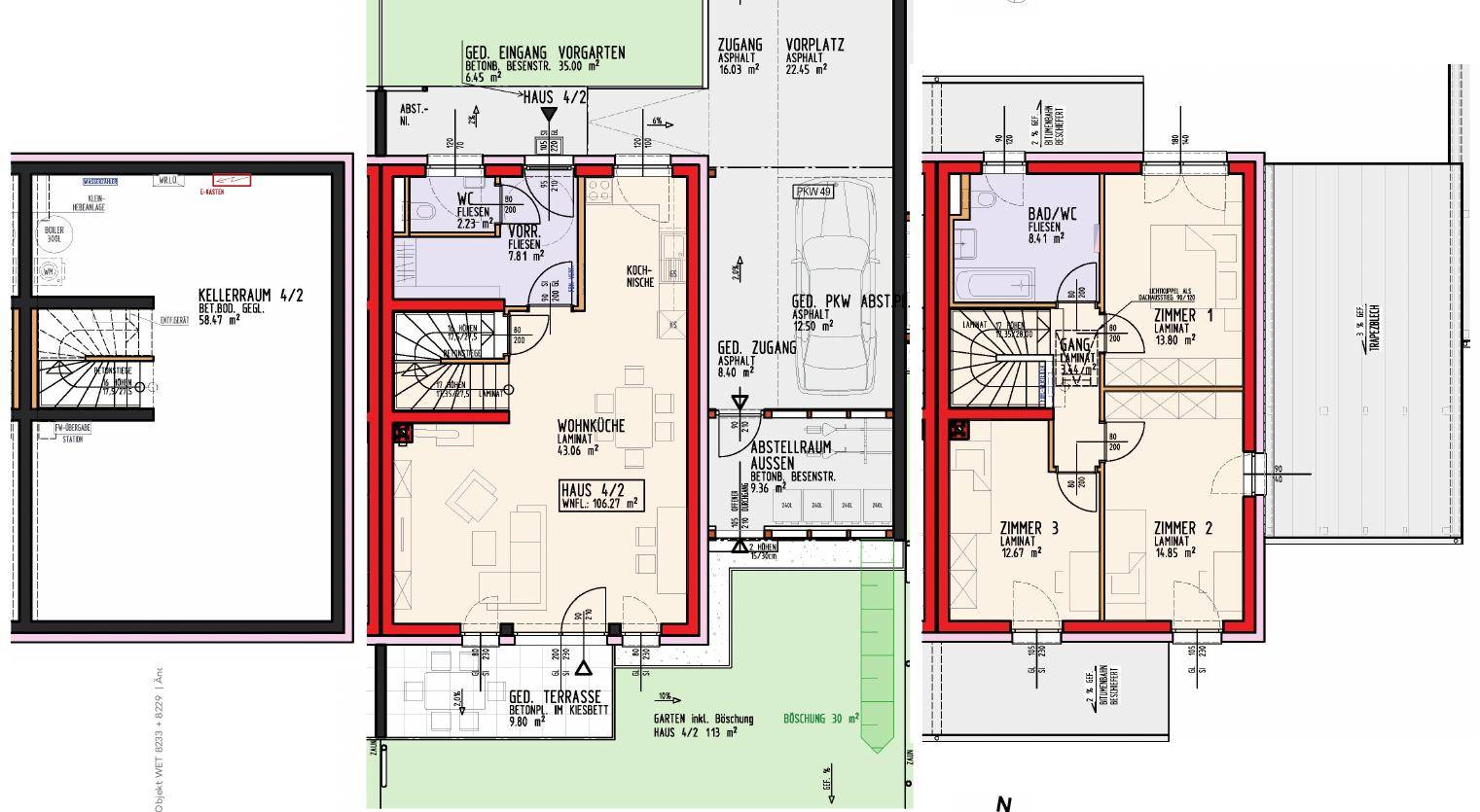 Grundrisspläne zeigen Keller, Erdgeschoss mit offener Wohnküche und Terrasse sowie Obergeschoss mit drei Schlafzimmern und Bad.