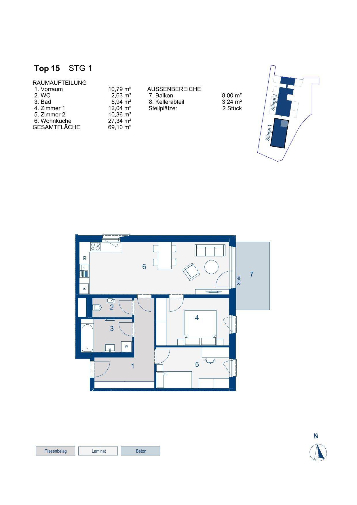 Grundriss einer Wohnung mit offenem Wohn-Essbereich, zwei Schlafzimmern, Bad, separatem WC und Balkon.