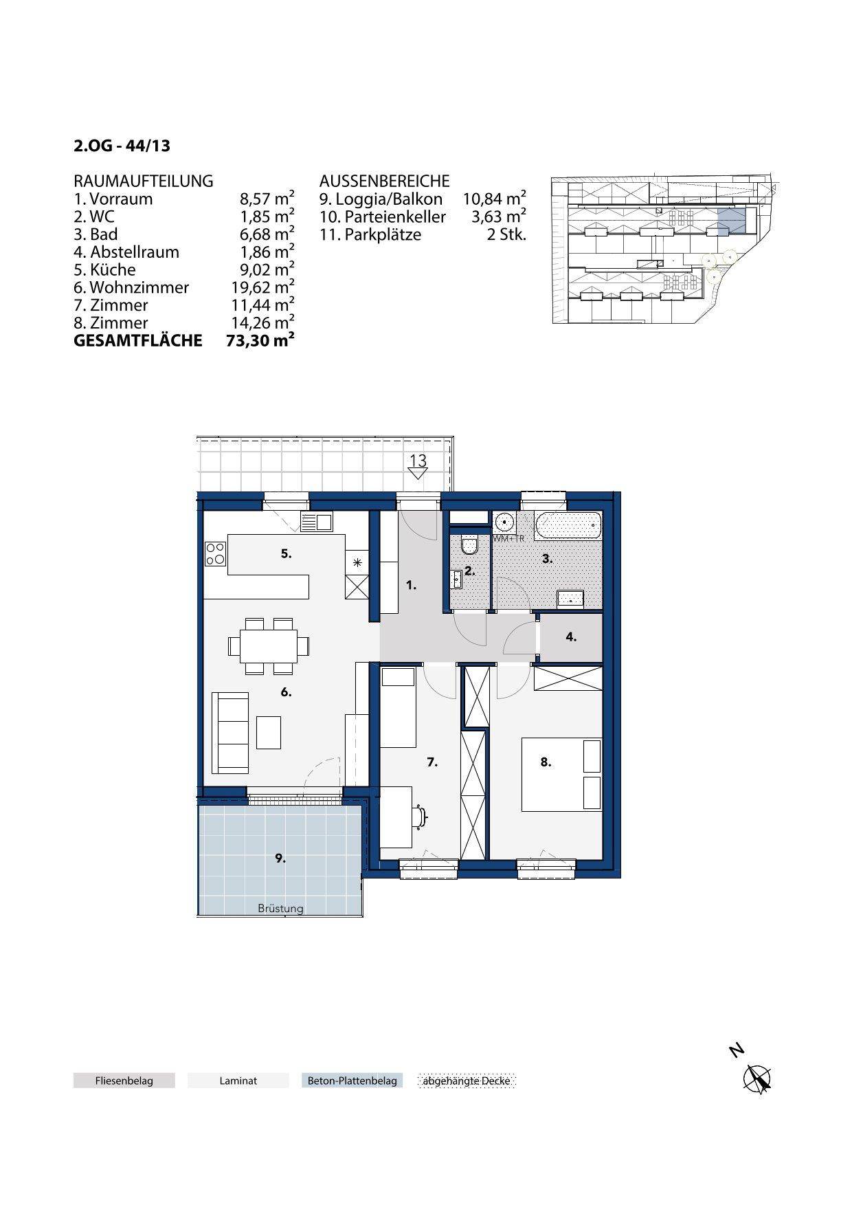 Grundriss einer Wohnung im 2. Obergeschoss mit Loggia, separatem WC und offenem Wohnbereich.