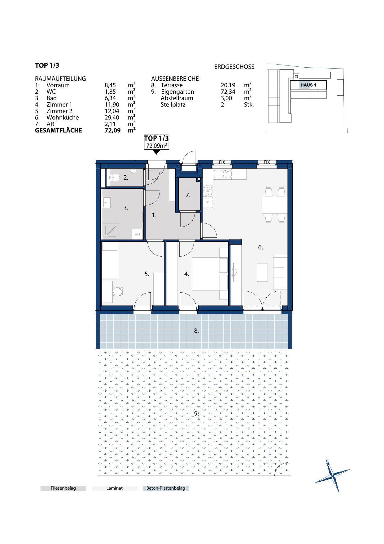 Grundriss der Einheit TOP 1/3 mit offener Wohnküche, zwei Zimmern, Bad, WC, Terrasse und Garten.
