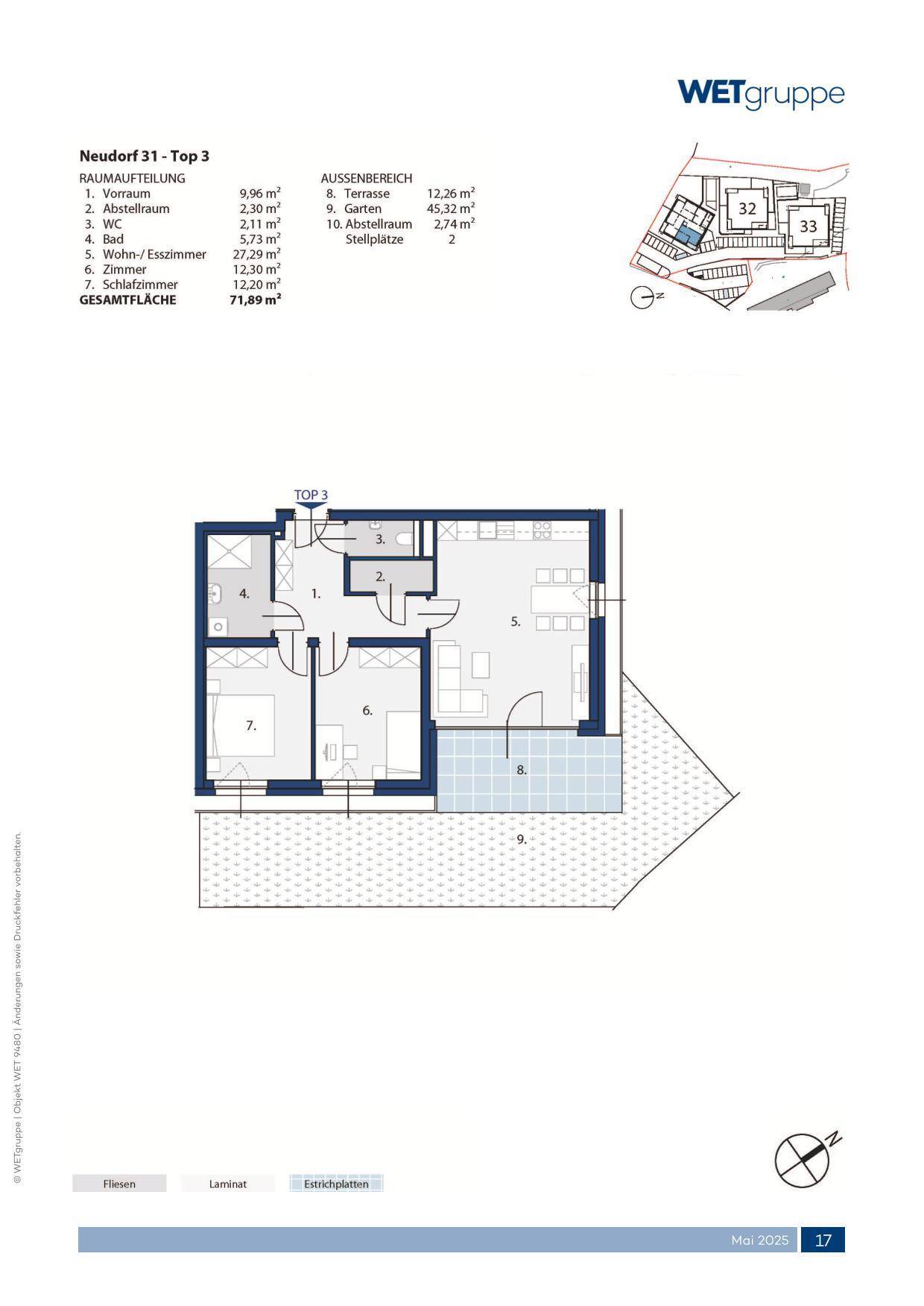 Grundriss der Wohnung Top 3 mit offenem Wohn-Essbereich, zwei Schlafzimmern, Bad, separatem WC, Terrasse und Garten.