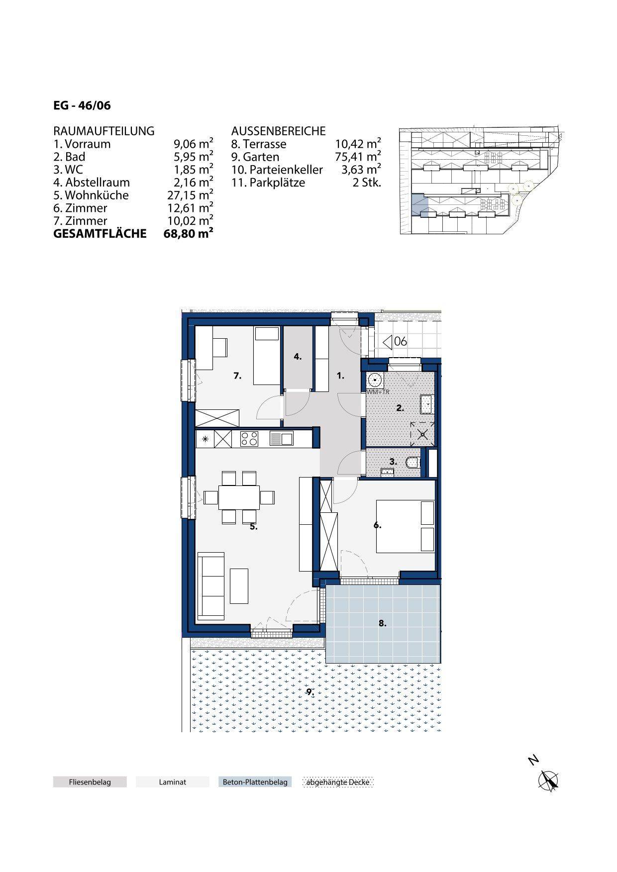 Grundriss einer Wohnung mit zwei Schlafzimmern, offenem Wohnbereich, Terrasse und Garten.