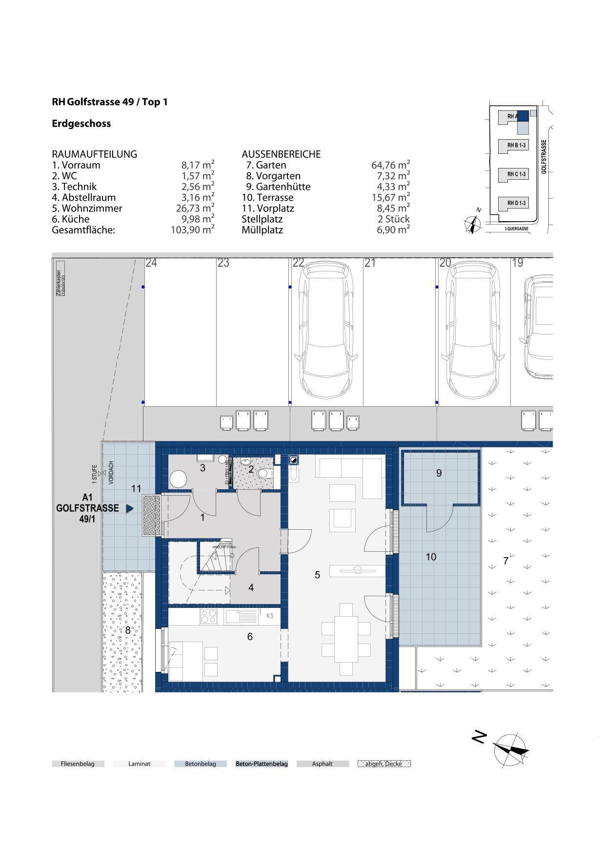Grundriss des Erdgeschosses eines Reihenhauses mit offenem Wohnbereich, Garten, Terrasse und Stellplätzen.