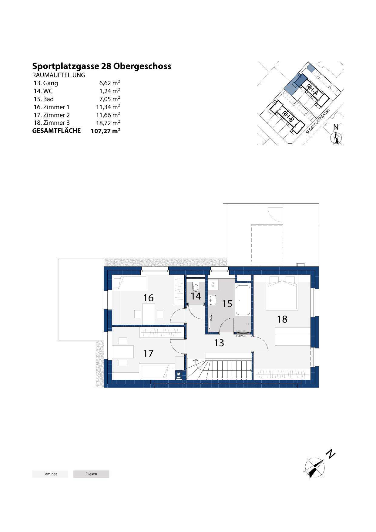 Grundriss des Obergeschosses mit drei Schlafzimmern, einem Badezimmer und separatem WC.