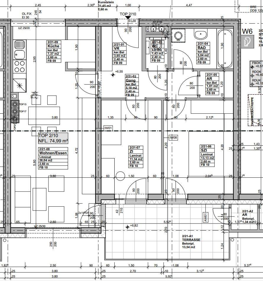 Grundriss einer Wohnung mit offener Wohnküche, Terrasse und mehreren Zimmern.