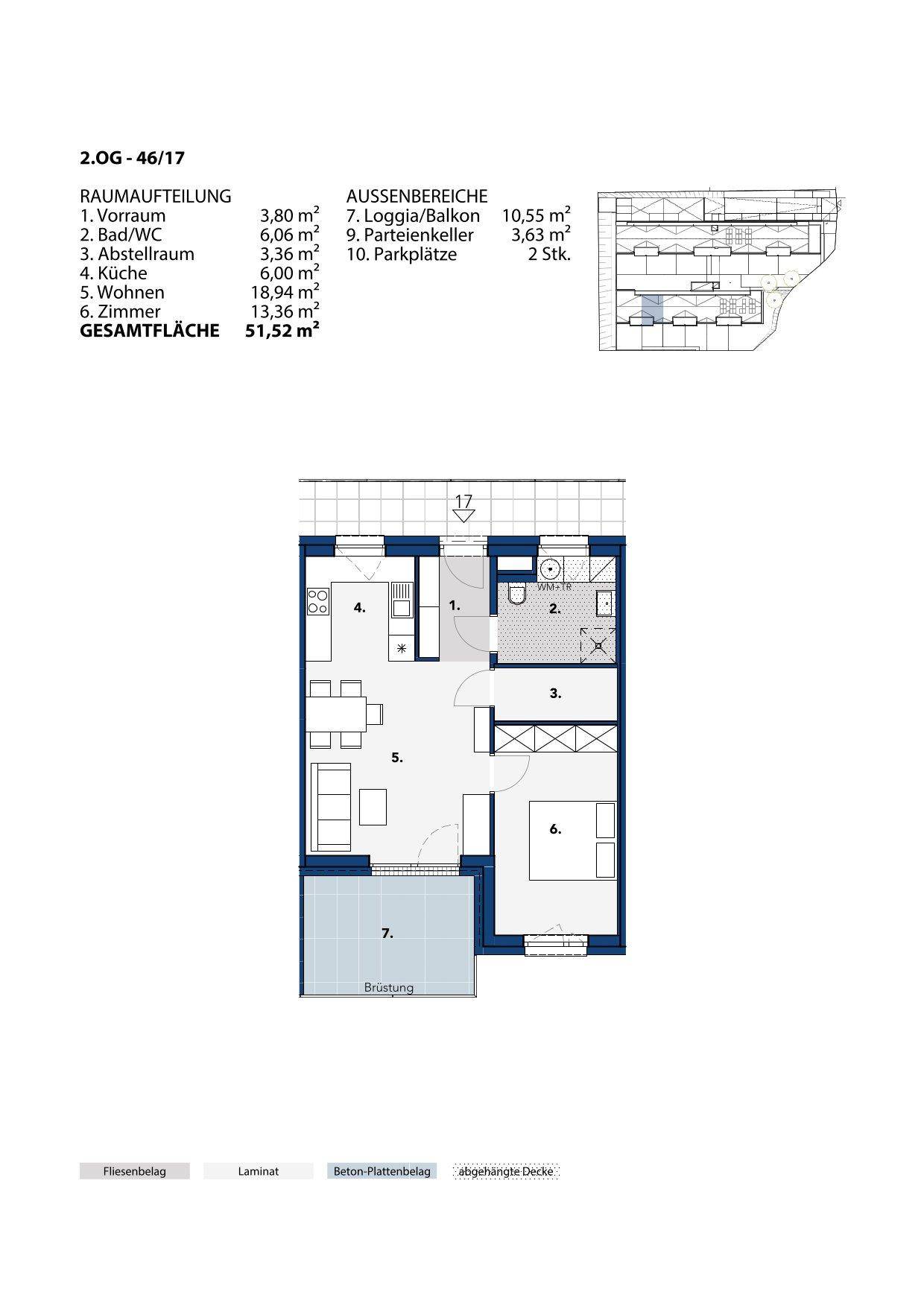 Grundriss einer Wohnung im 2. Obergeschoss mit offenem Wohnbereich und Loggia.