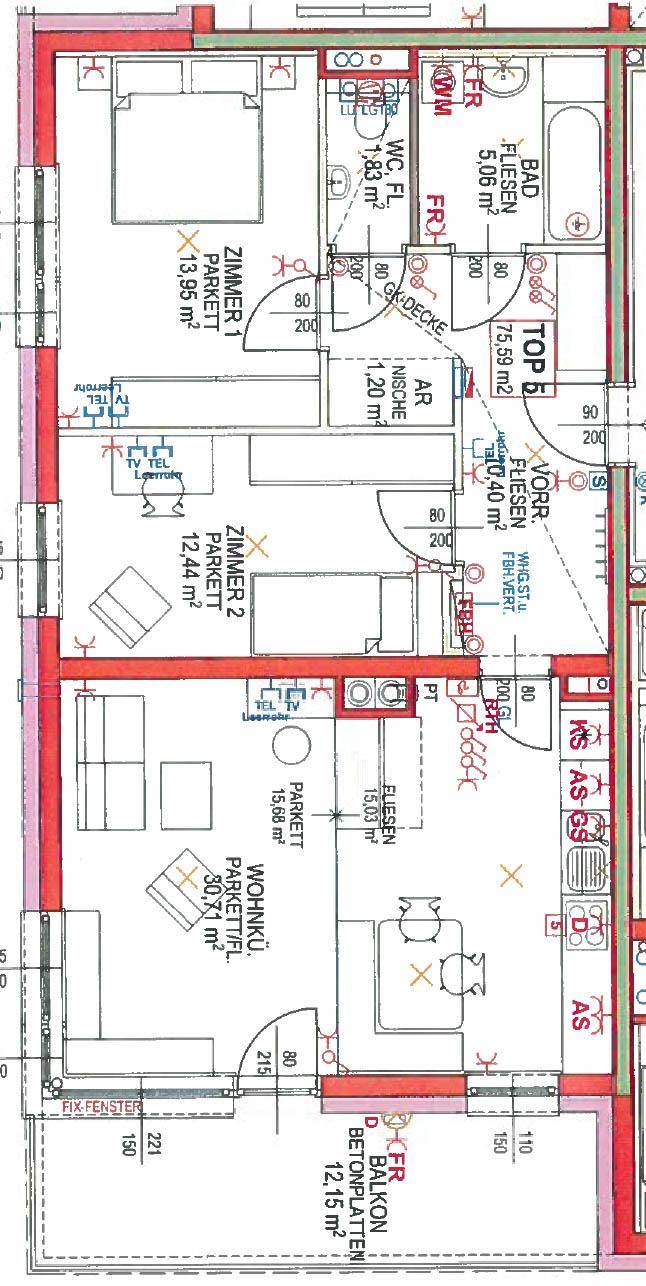 Grundriss einer Wohnung mit offenem Wohn- und Küchenbereich, zwei Schlafzimmern, Bad, separatem WC und Balkon.