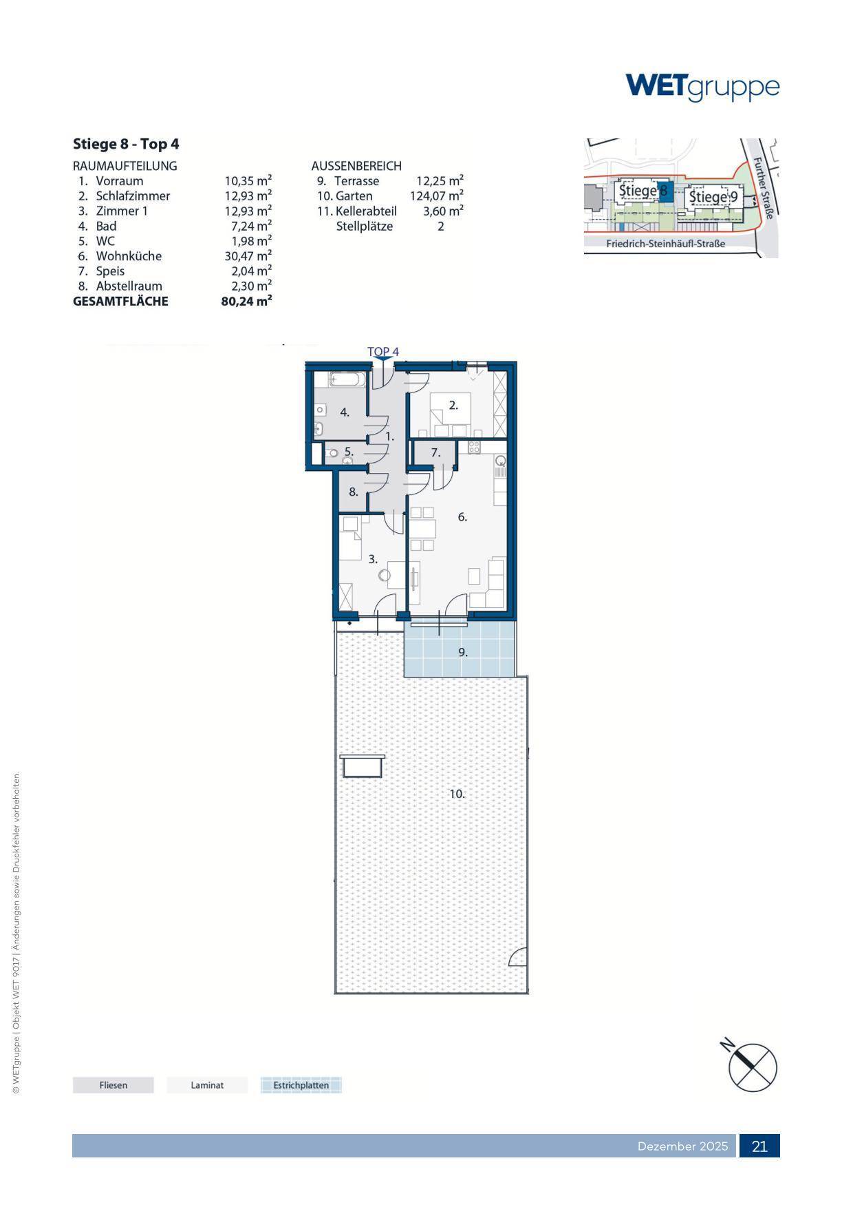 Grundriss einer Wohnung mit Terrasse und Gartenanteil in einem Neubauprojekt.