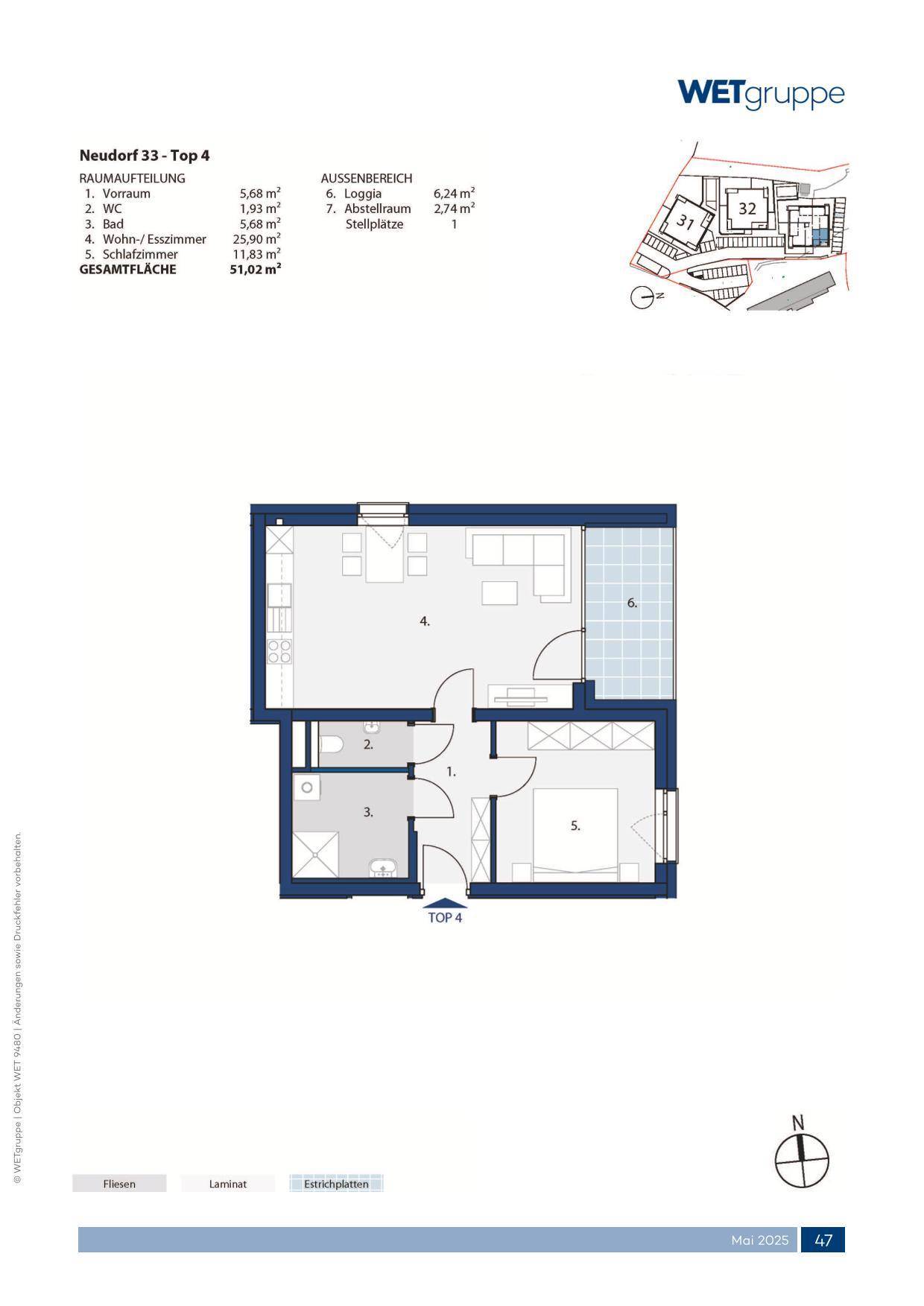 Grundriss einer Wohnung mit offenem Wohnbereich, Schlafzimmer, Bad und Loggia.