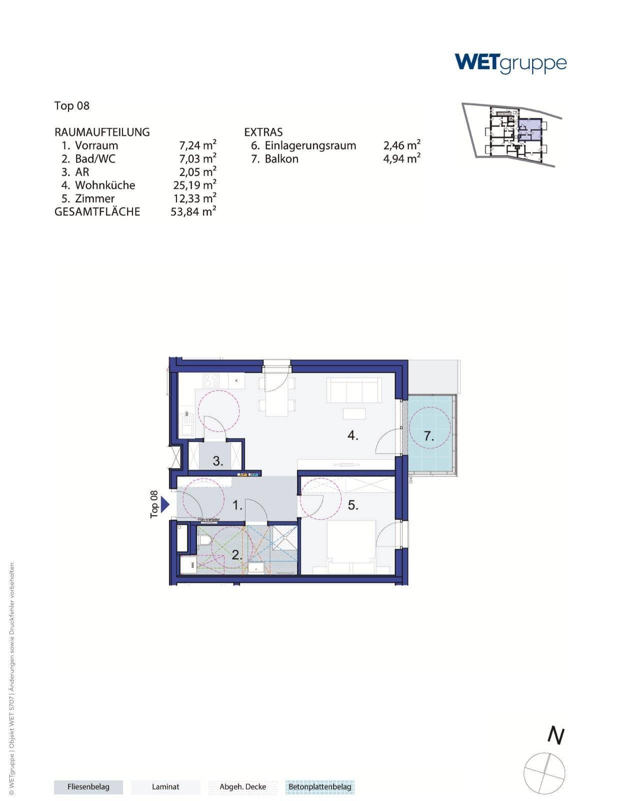 Grundriss der Wohnung Top 08 mit Raumaufteilung, Balkon und Einlagerungsraum.