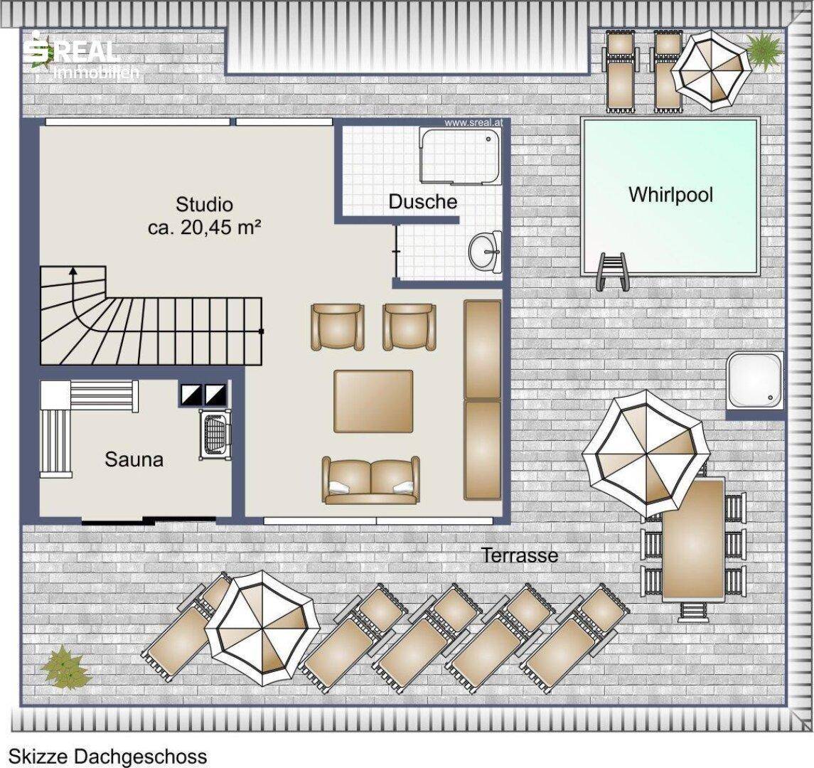 Grundriss des Dachgeschosses mit Studio, Dusche, Sauna, Whirlpool und großer Terrasse.