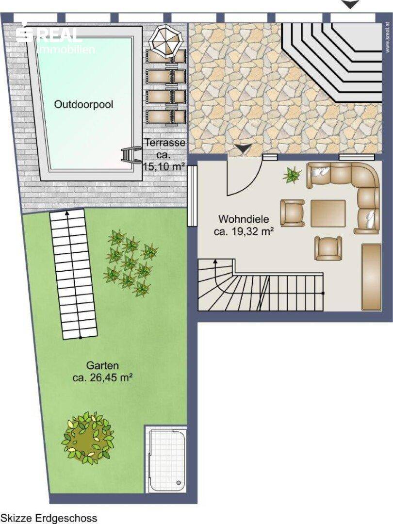 Grundriss des Erdgeschosses mit Wohnbereich, Garten und Outdoorpool.