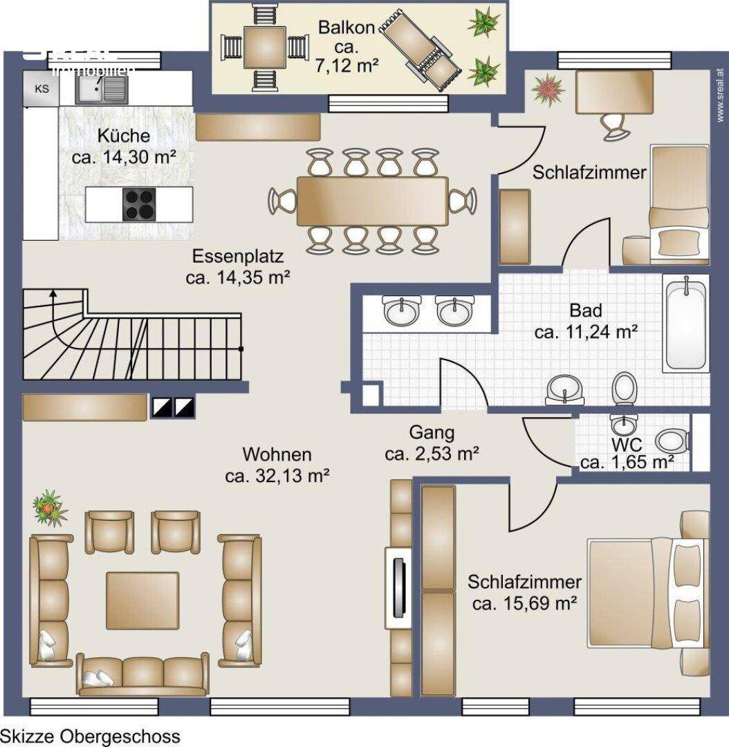 Grundriss des Obergeschosses mit Küche, Essplatz, Wohnzimmer, zwei Schlafzimmern und zwei Bädern.