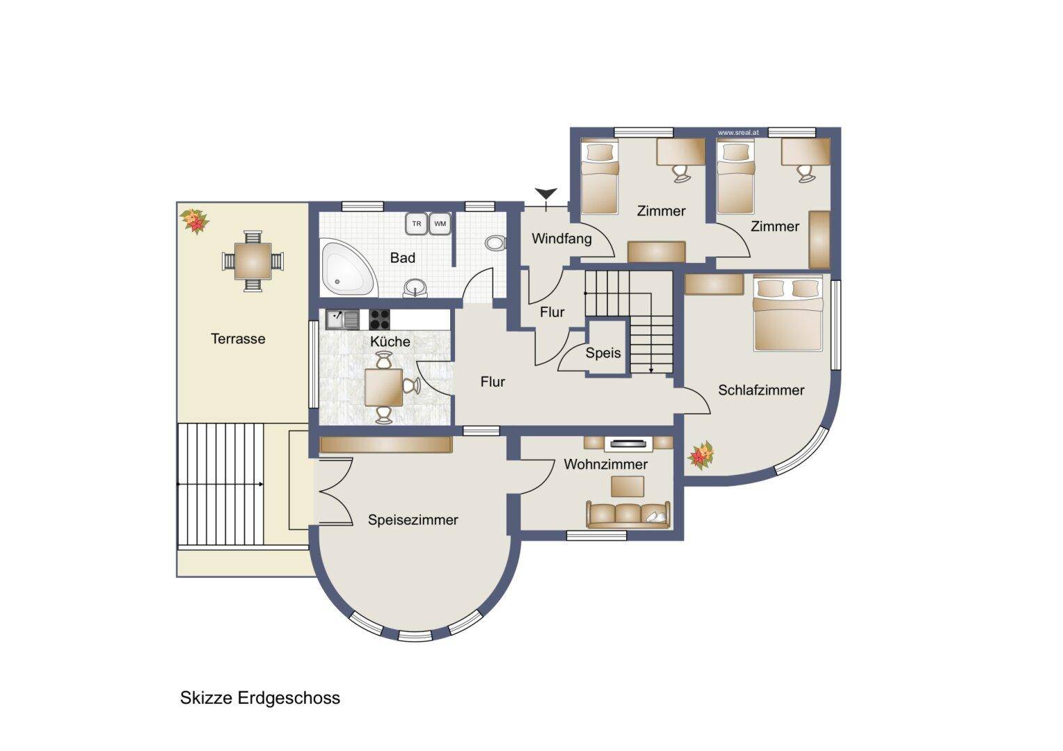 Grundriss des Erdgeschosses mit Terrasse, Küche, Esszimmer und Wohnzimmer.