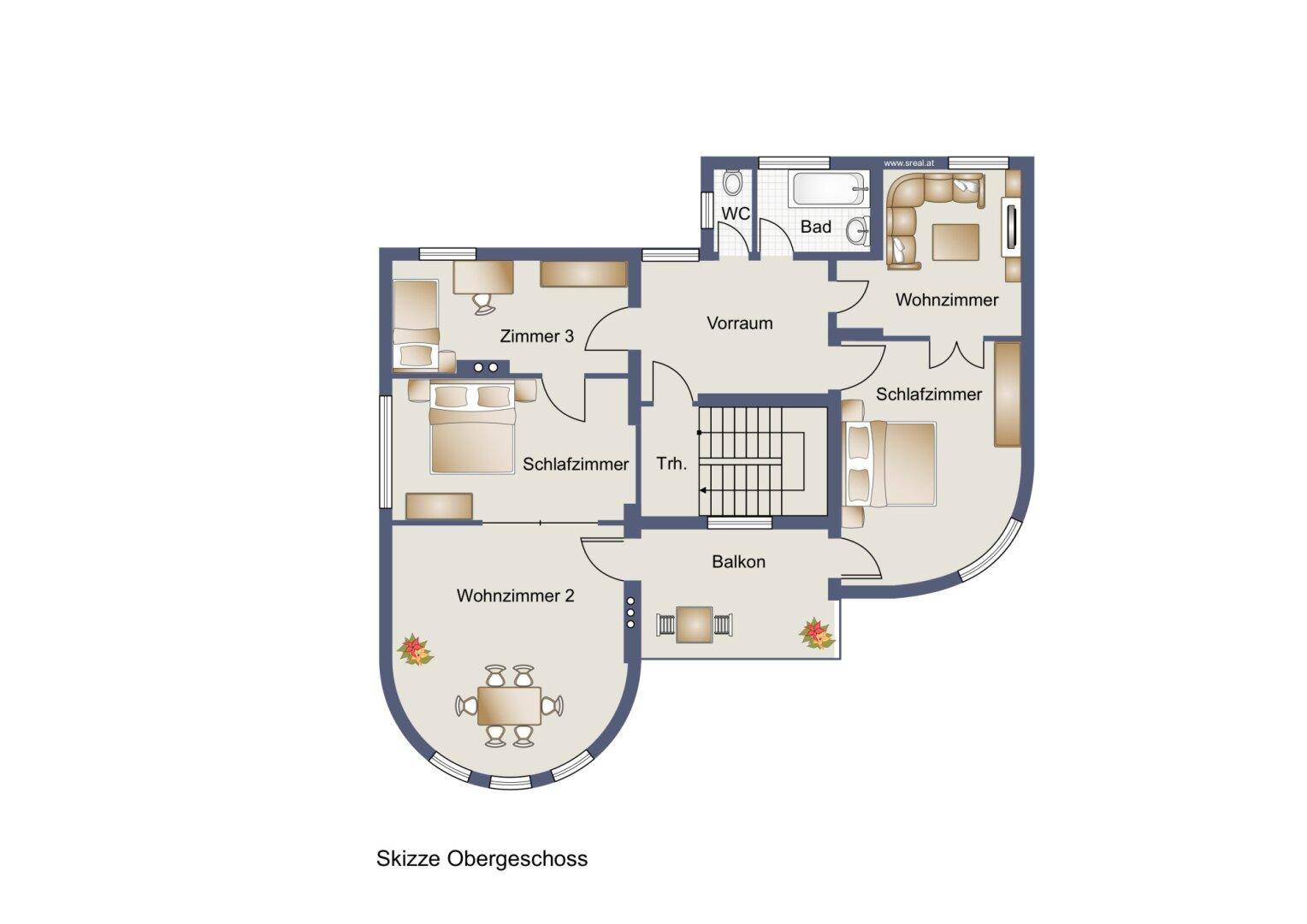 Grundriss des Obergeschosses mit mehreren Schlafzimmern, Wohnbereichen, Bad, WC und einem Balkon.