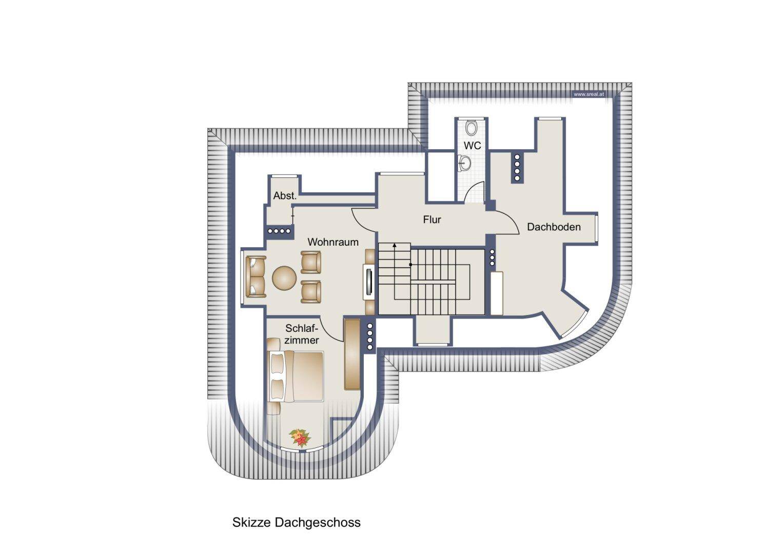 Grundriss des Dachgeschosses mit Wohnraum, Schlafzimmer, Abstellraum, WC und Dachboden.
