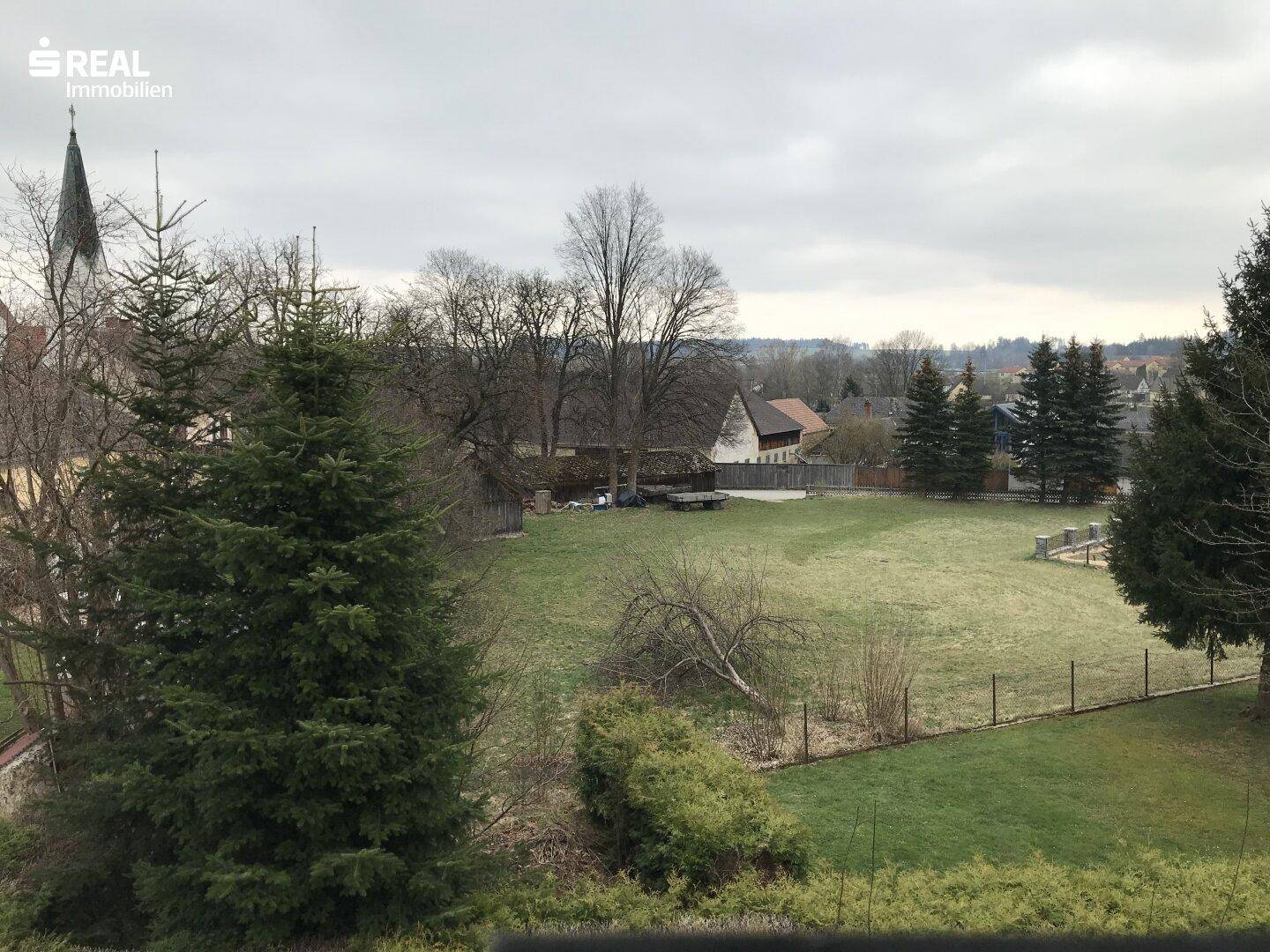 Weitläufiger Blick über einen großen Garten mit Bäumen und einer Kirche im Hintergrund.