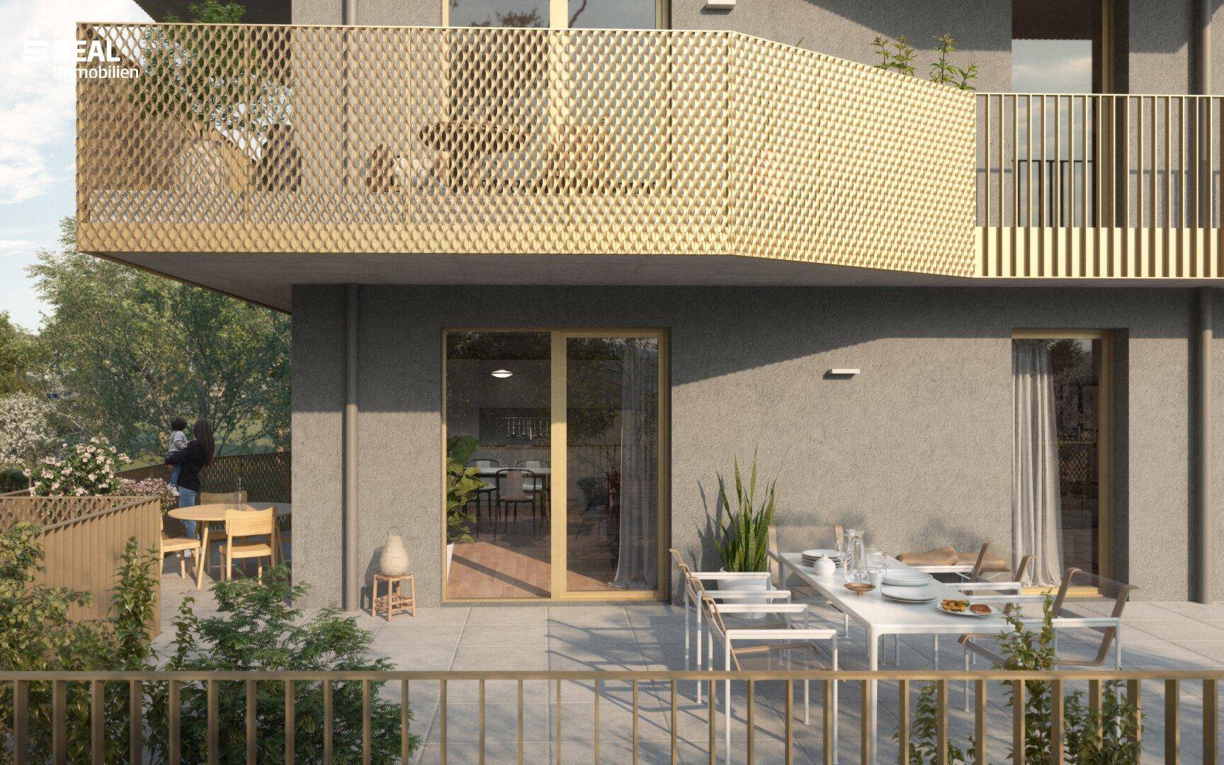 Geräumige Terrasse mit Essbereich und Blick ins Grüne, ideal für Mahlzeiten im Freien.