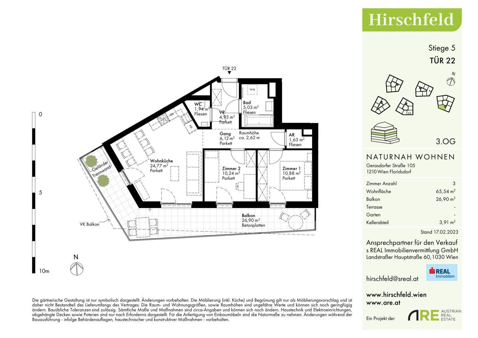 Detaillierter Grundriss einer Wohnung im 3. Obergeschoss mit Balkon und Terrasse.