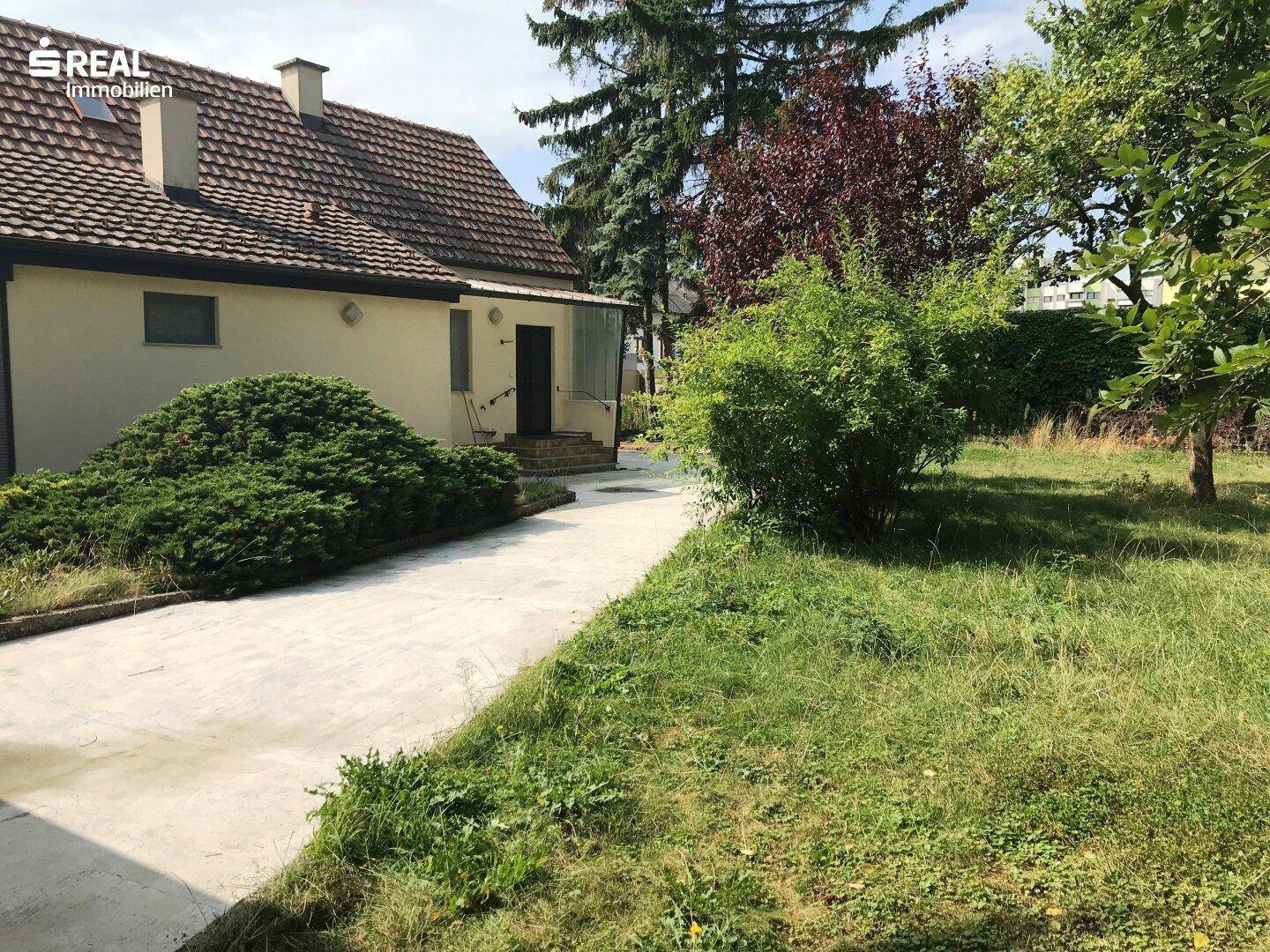 Seitenansicht des Hauses mit Zufahrt und weitläufigem Gartenbereich, umgeben von Bäumen.