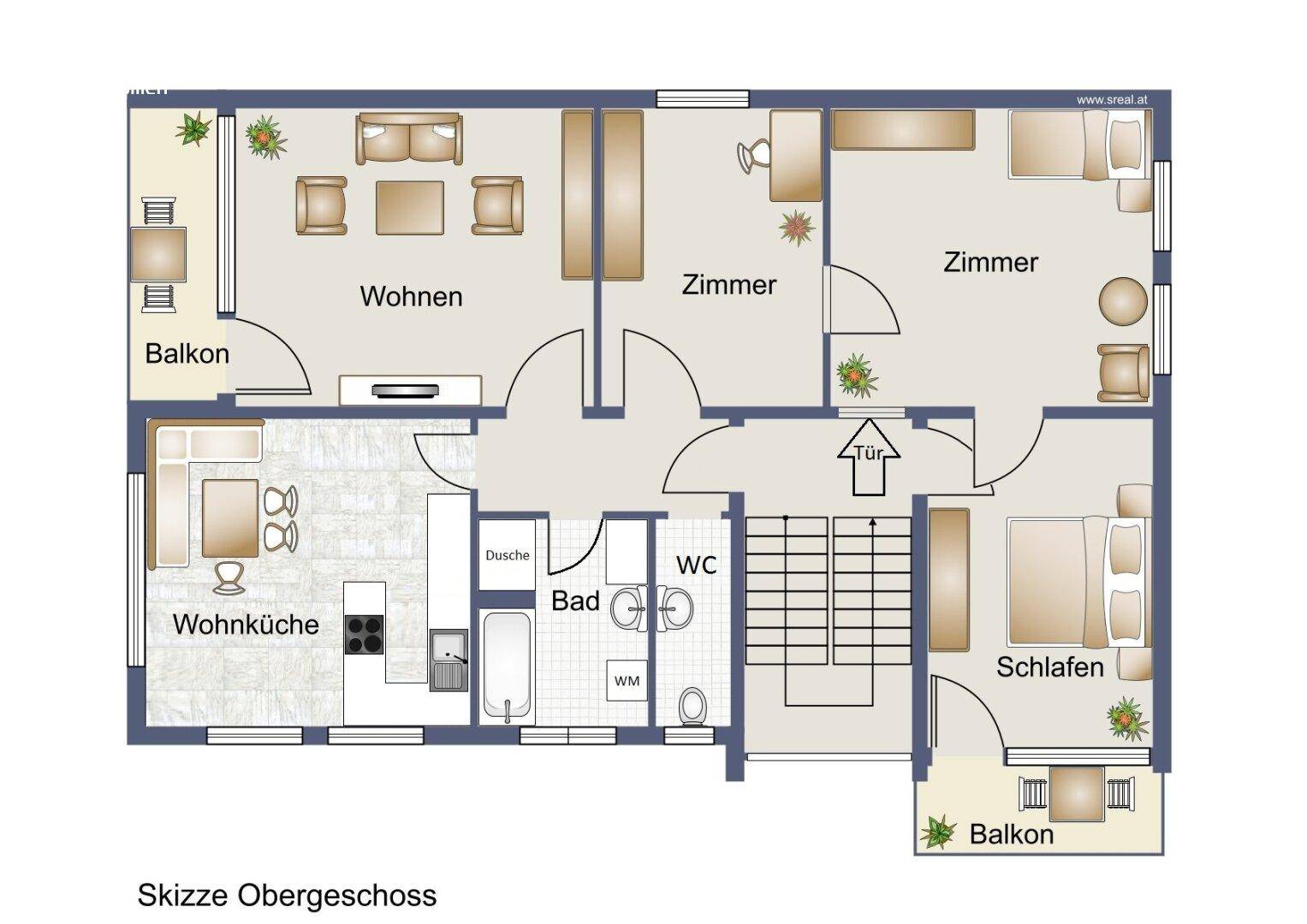 Grundriss des Obergeschosses mit Wohnzimmer, Schlafzimmern, Wohnküche und zwei Balkonen.