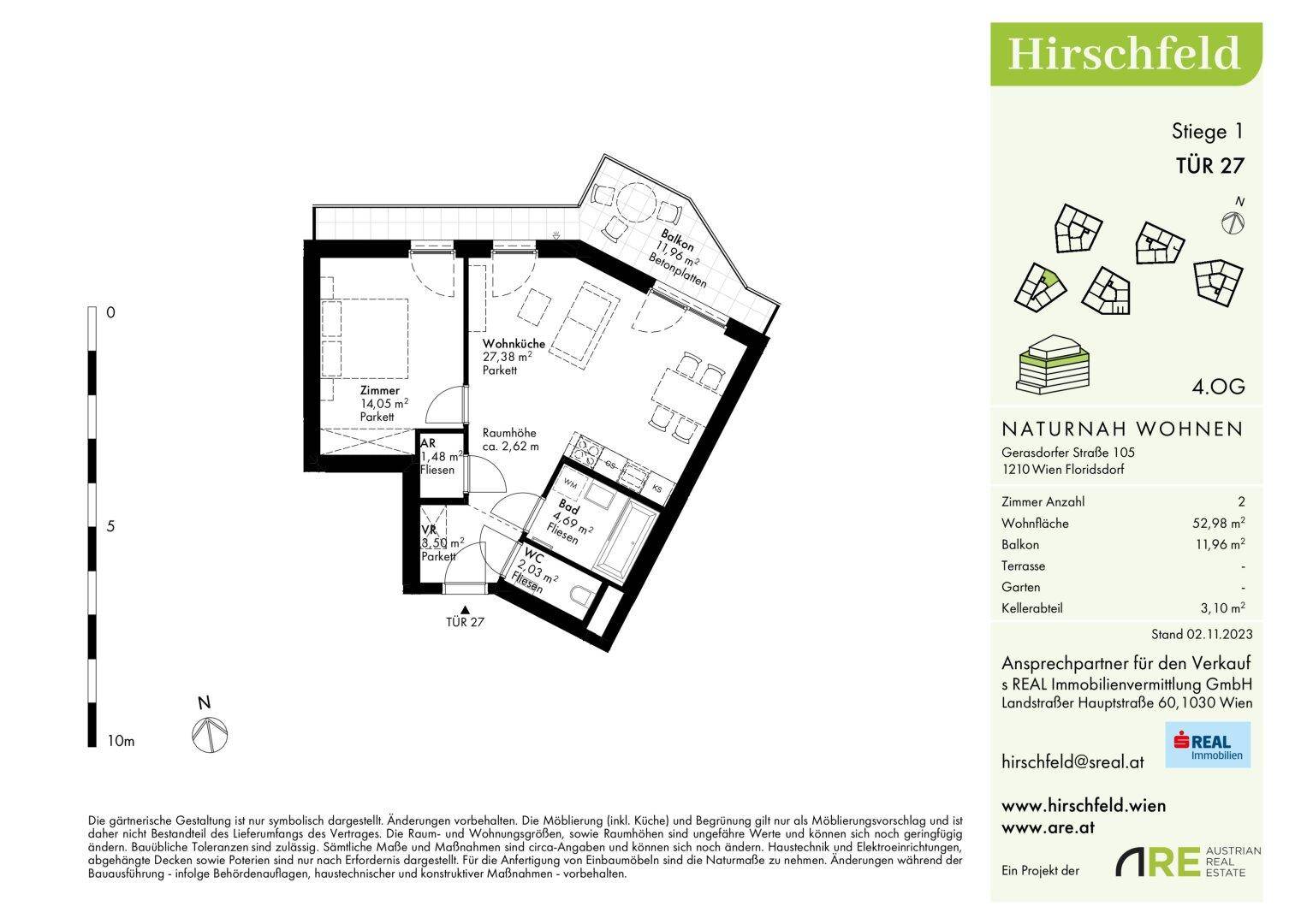Grundriss der Wohnung Tür 27 im 4. Obergeschoss mit Balkon und Terrasse.