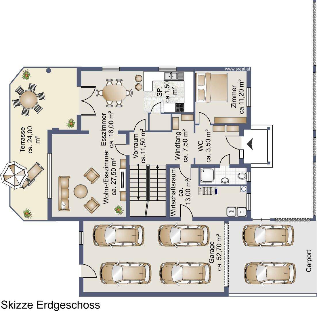 Grundriss des Erdgeschosses mit offener Wohnküche, Terrasse und integrierter Garage.