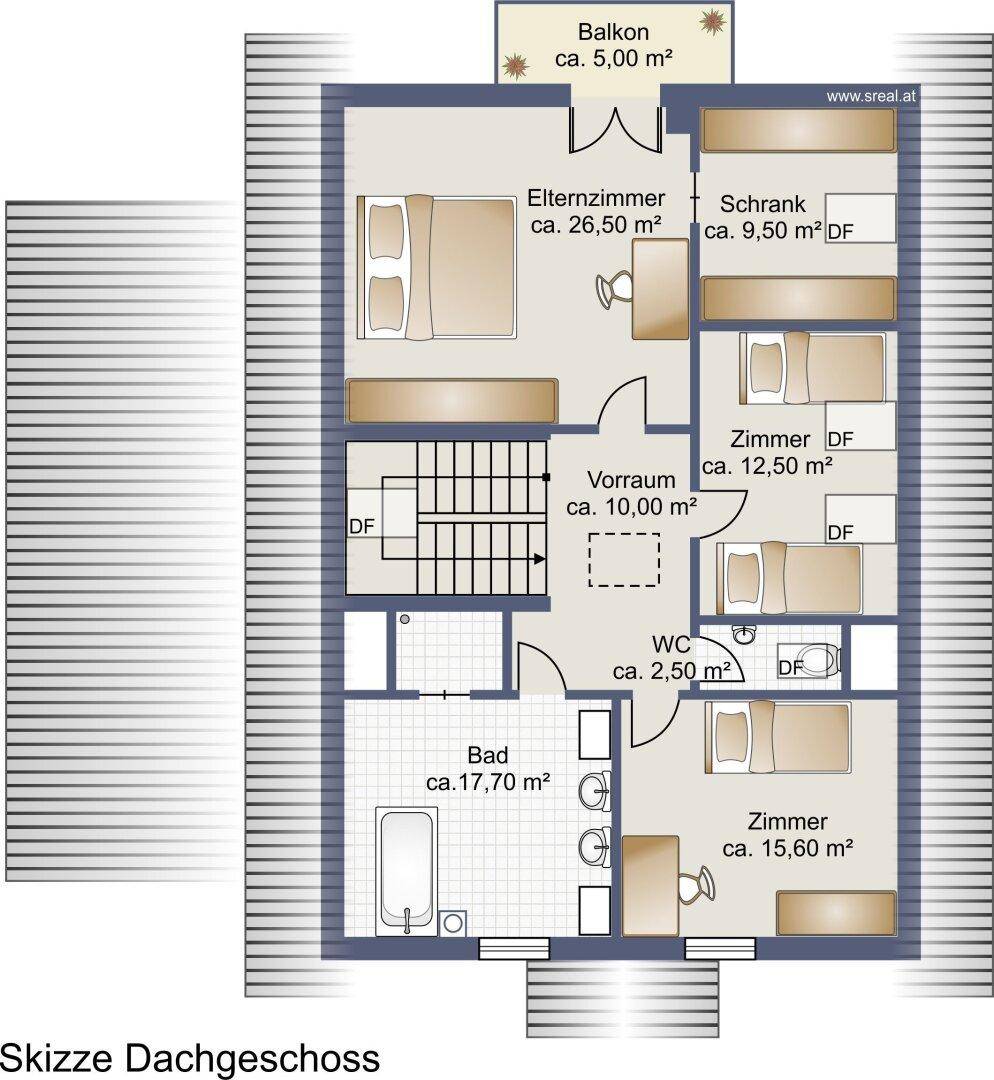 Grundriss des Dachgeschosses mit Schlafzimmern, Bad, Balkon und Dachschrägen.