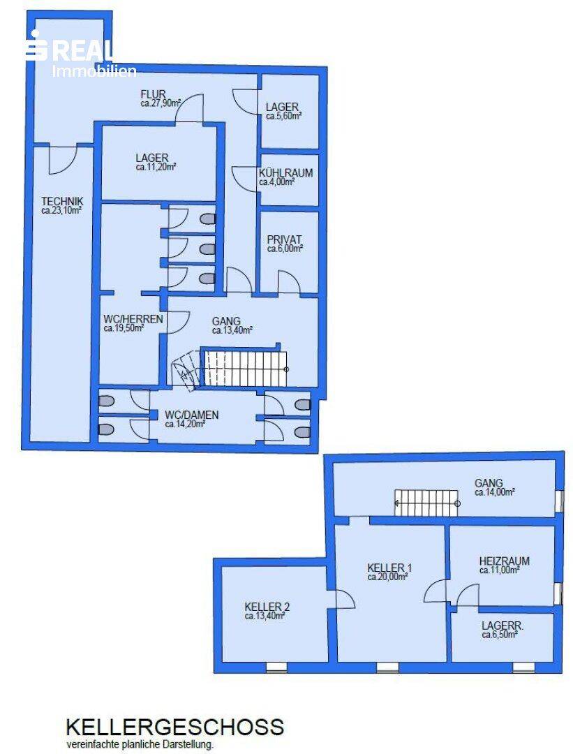 Grundriss des Kellergeschosses mit Technikraum, Lagerräumen und getrennten WCs.