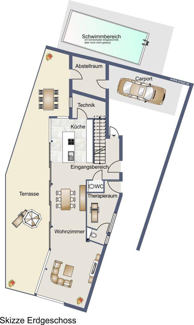 Grundriss des Erdgeschosses mit offener Küche, Wohnbereich, Terrasse und Carport.