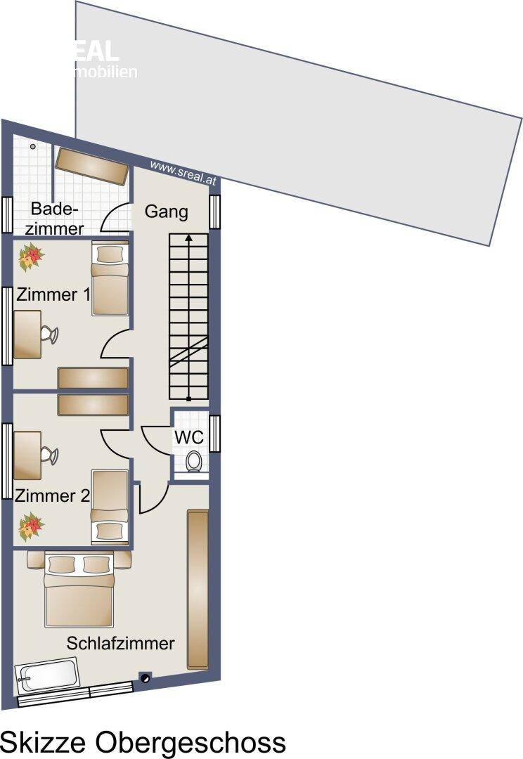 Grundriss des Obergeschosses mit Schlafzimmern, Badezimmer und separatem WC.