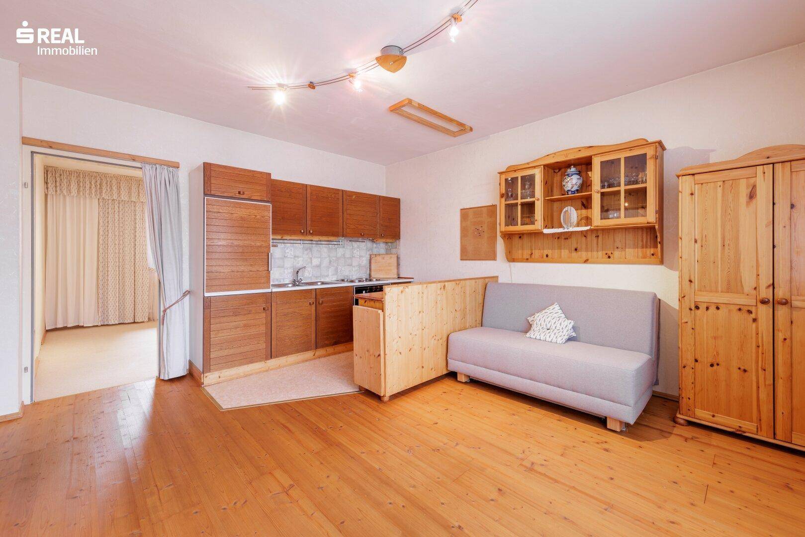 Wohnbereich mit kleiner Küchenzeile, Holzdielenboden und einem Sofa.