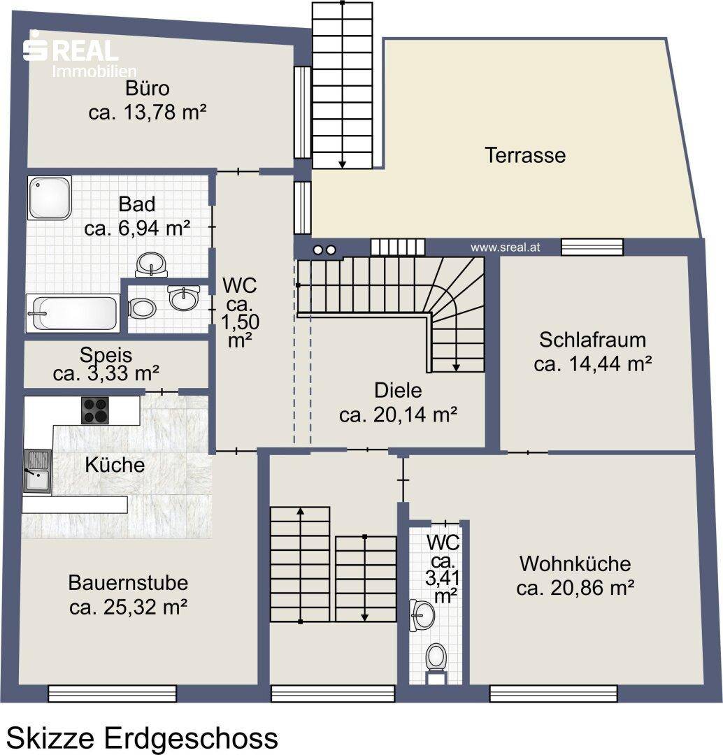 Grundriss des Erdgeschosses mit Küche, Bauernstube, Schlafzimmer, Bad und Terrasse.